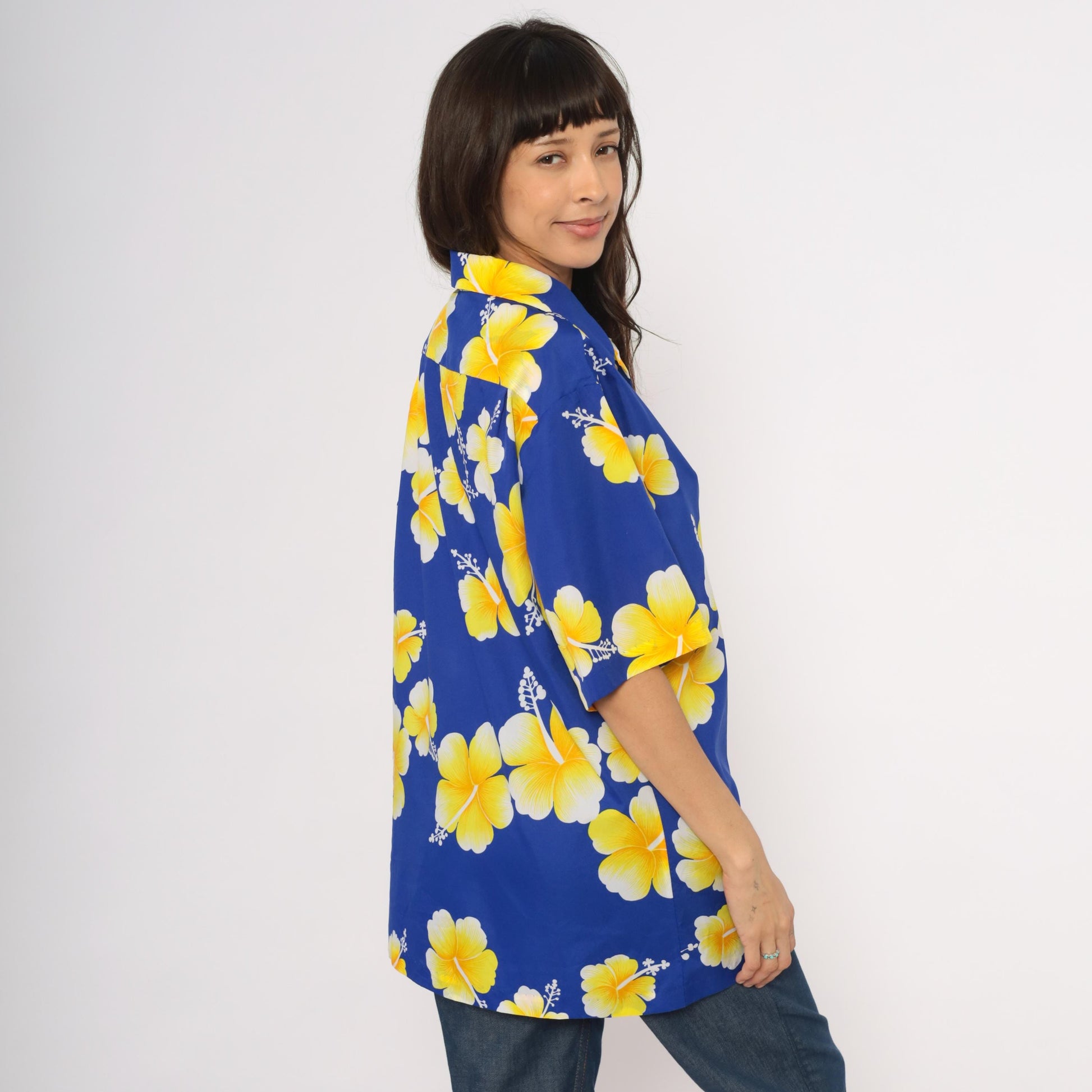 90s Hilo Hatties Hawaiian Hibiscus Shirt Cobalt Blue Yellow Camp Collar Extra Large XL