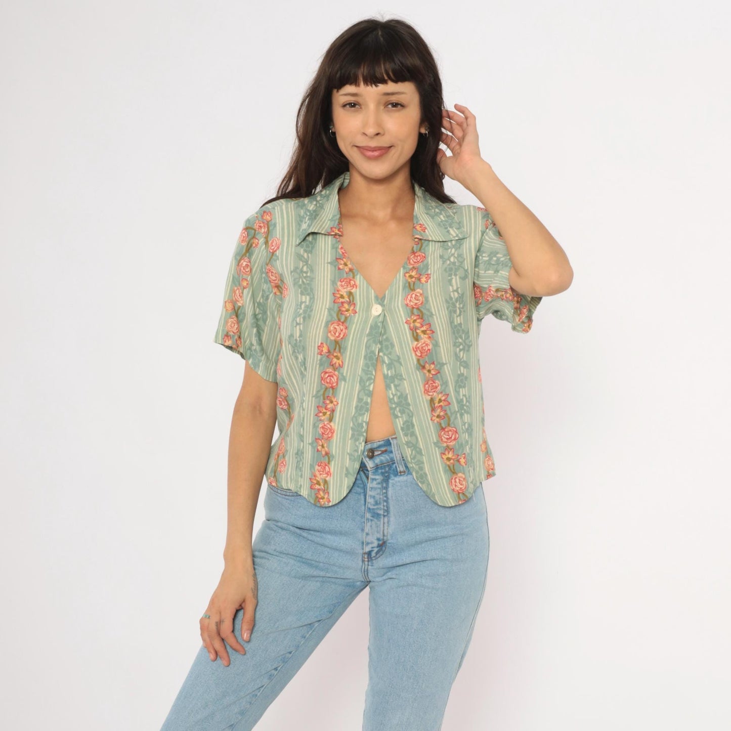 90s ICI Sage Green Striped Rose Vine Blouse V Neck Crop Top Large L