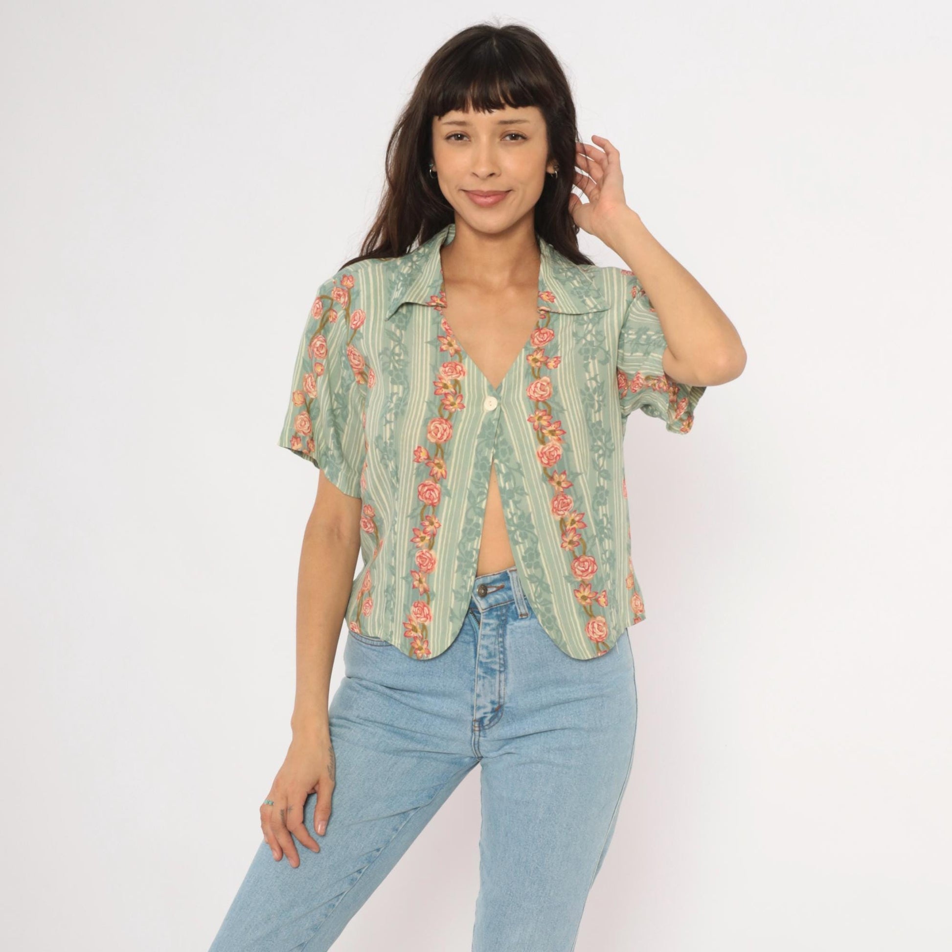 90s ICI Sage Green Striped Rose Vine Blouse V Neck Crop Top Large L