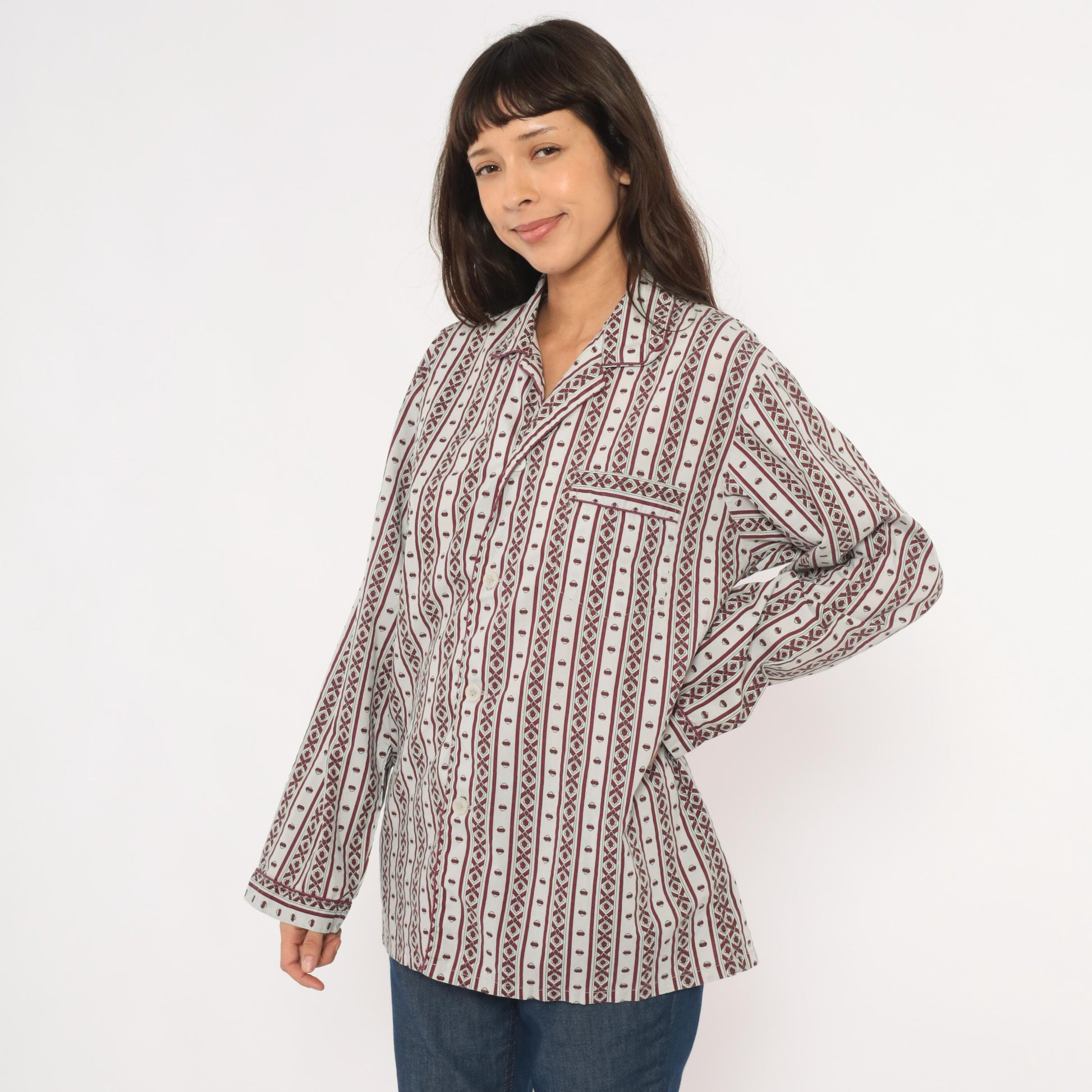 80s MTL Classics Pajama Shirt Geometric Stripe Burgundy Grey Notched Collar Large