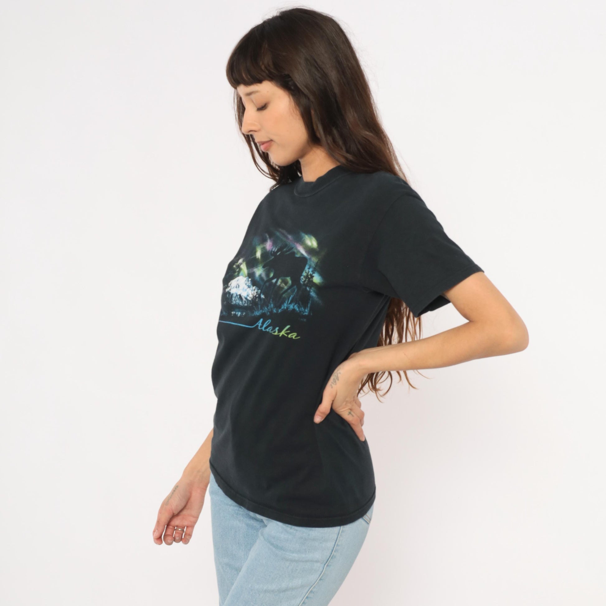 Y2K Alaska Moose Aurora Borealis Graphic Tee Black Cotton Small S