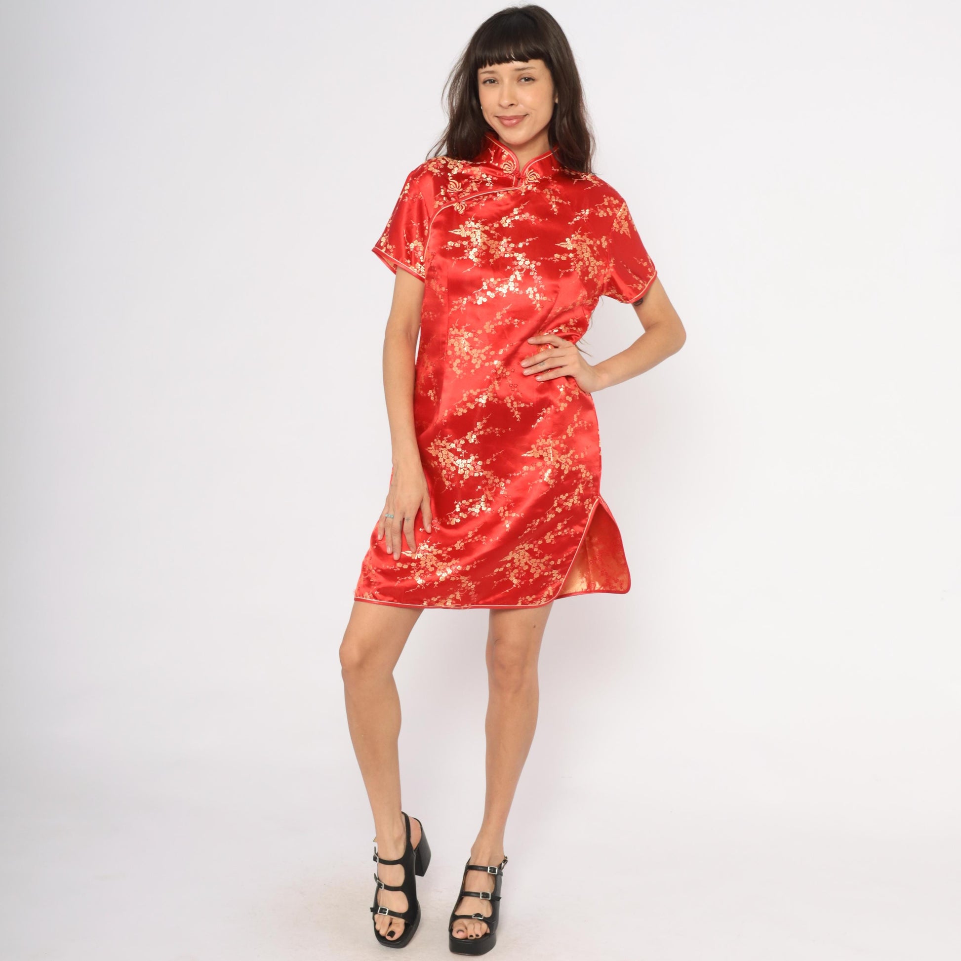 80s Xuan Tang Red Cheongsam Gold Cherry Blossom Qipao Plus Size XXL