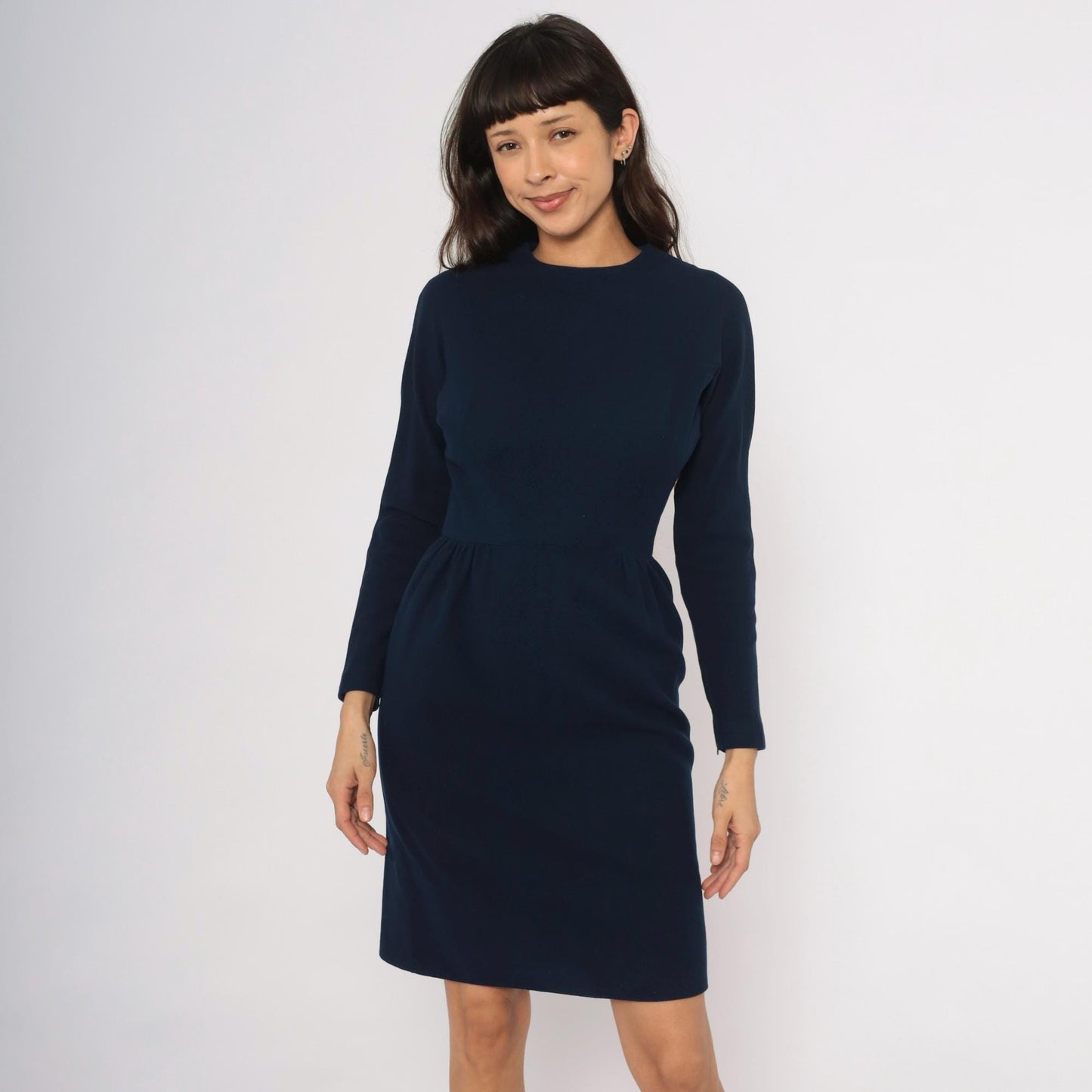 1950s Junior Sophisticates Navy Wool Dress Gathered Waist Knee Length Small