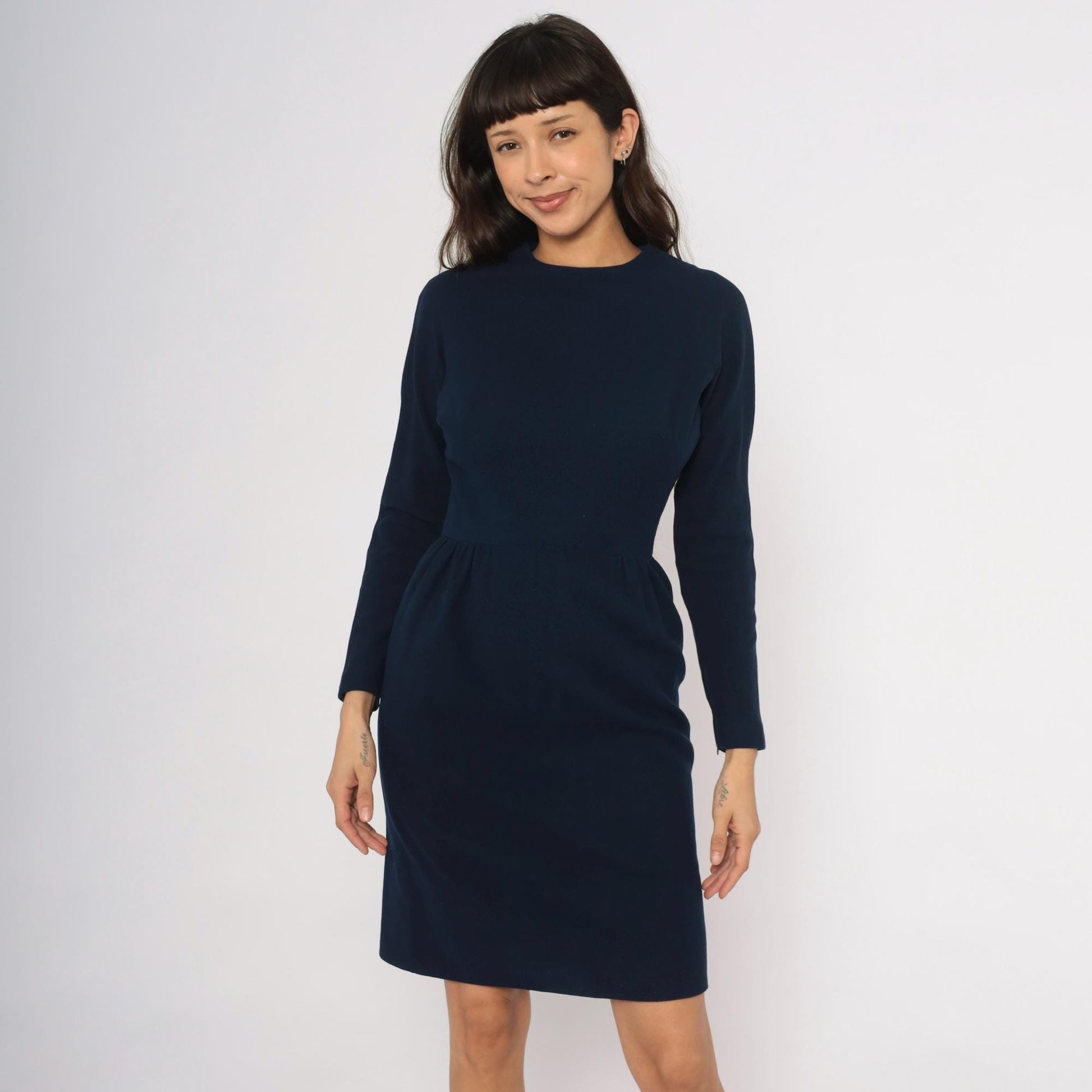 1950s Junior Sophisticates Navy Wool Dress Gathered Waist Knee Length Small