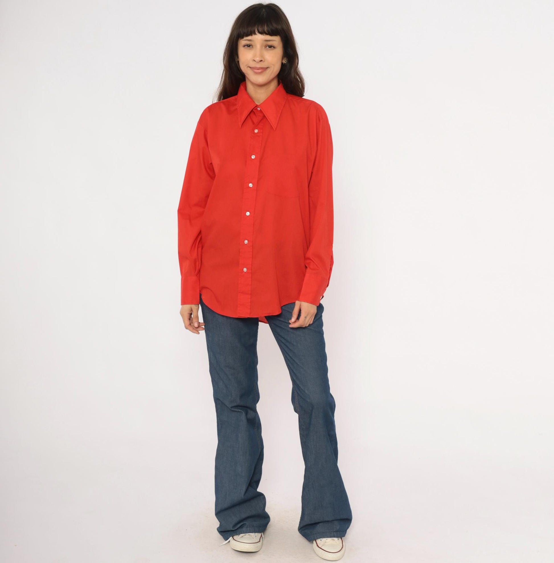 70s Golden Vee Red Button-Up Shirt Pointed Collar Long Sleeve Medium