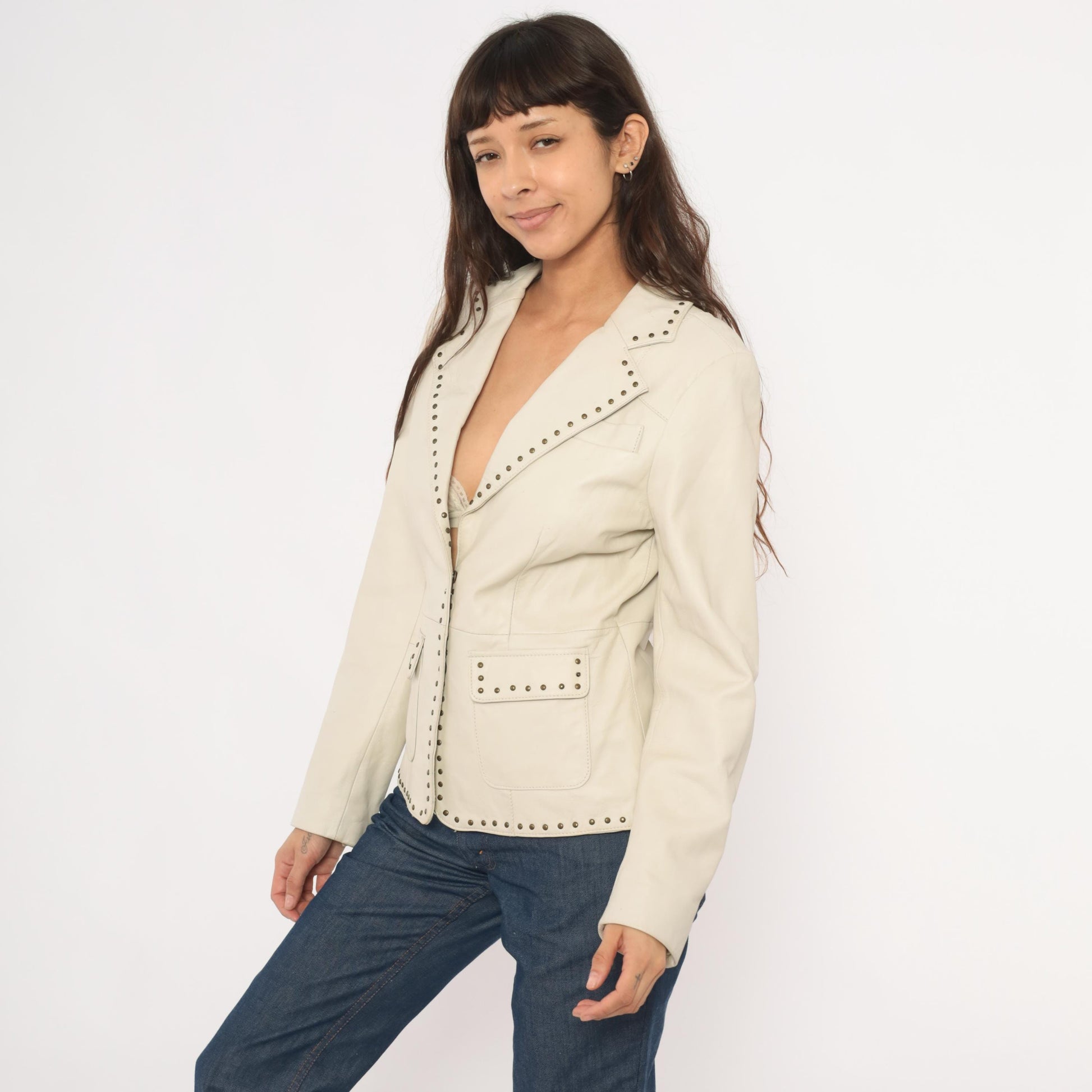 2000s Uniform John Paul Richard Studded Lamb Leather Blazer Cream Medium M
