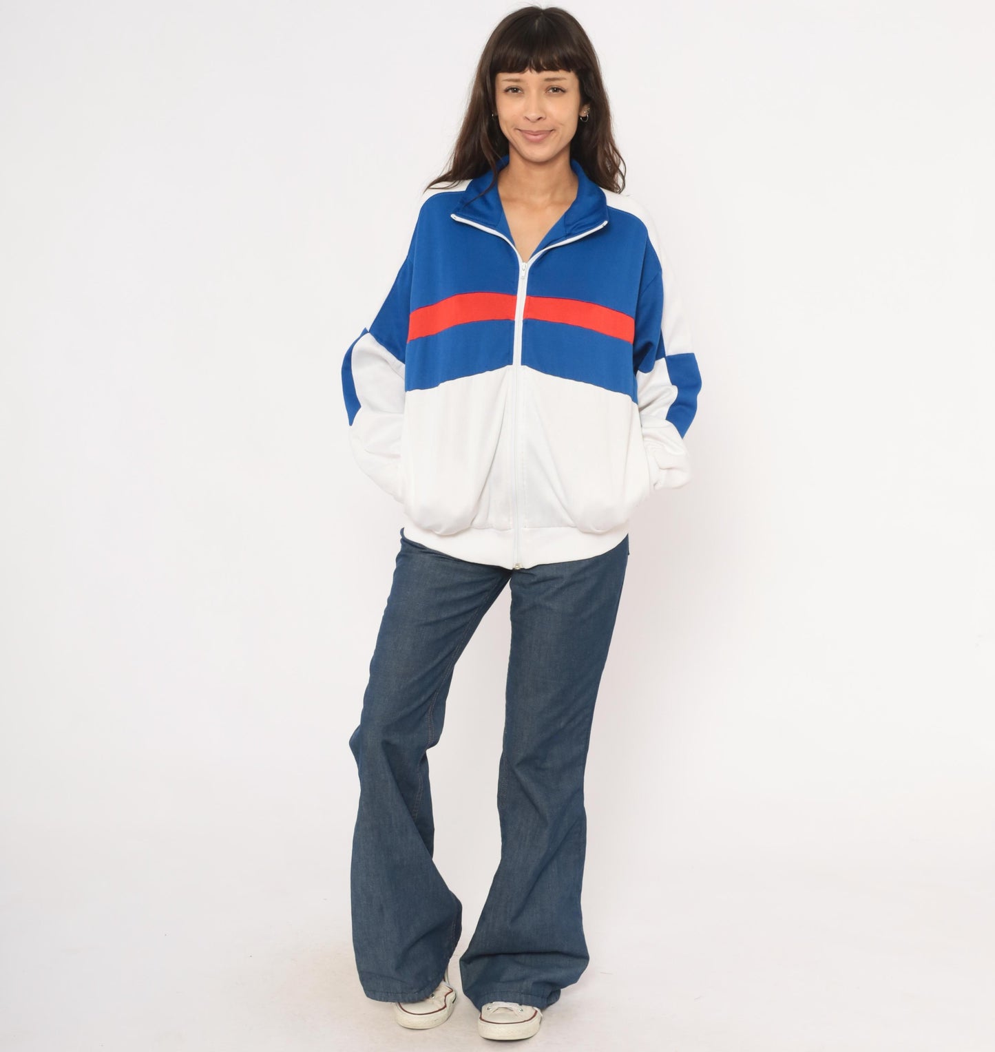 80s Pro Spirit Color Block Track Jacket Blue White Red Stripe Large L