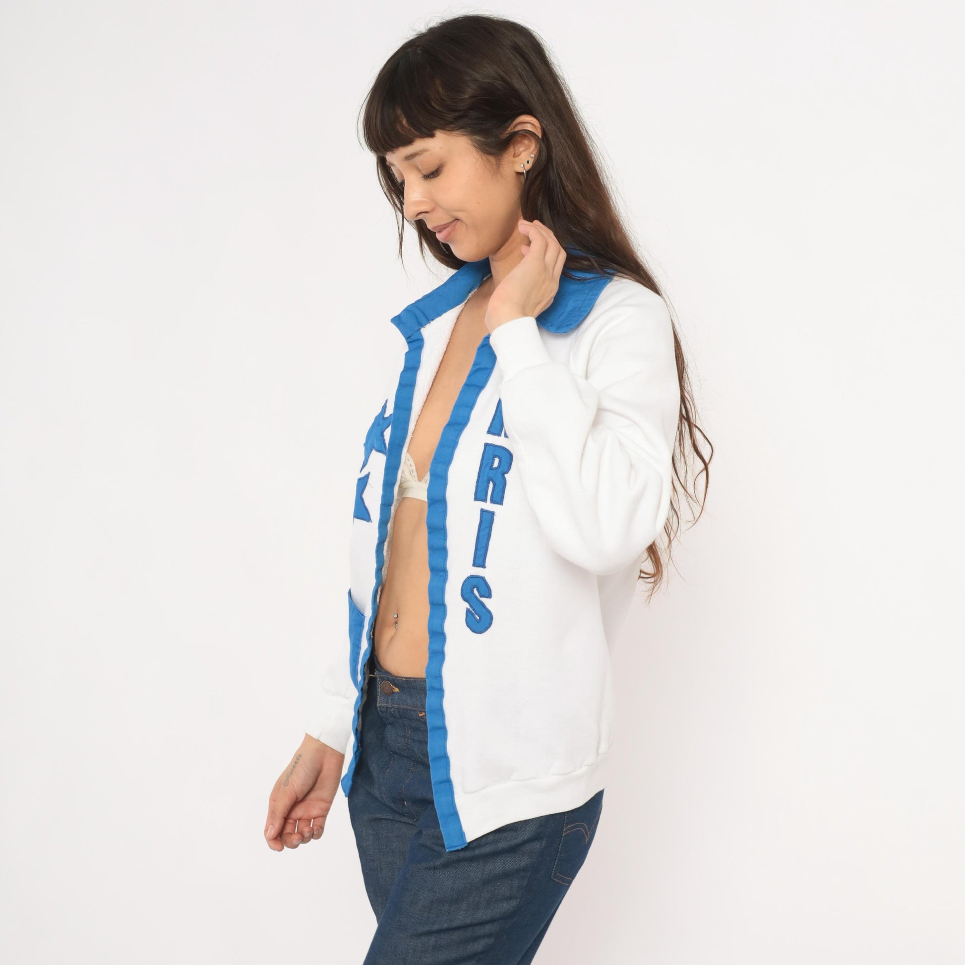 90s Jerzees Royal Dance Star Patch Sweatshirt Jacket White Blue Collared Medium M