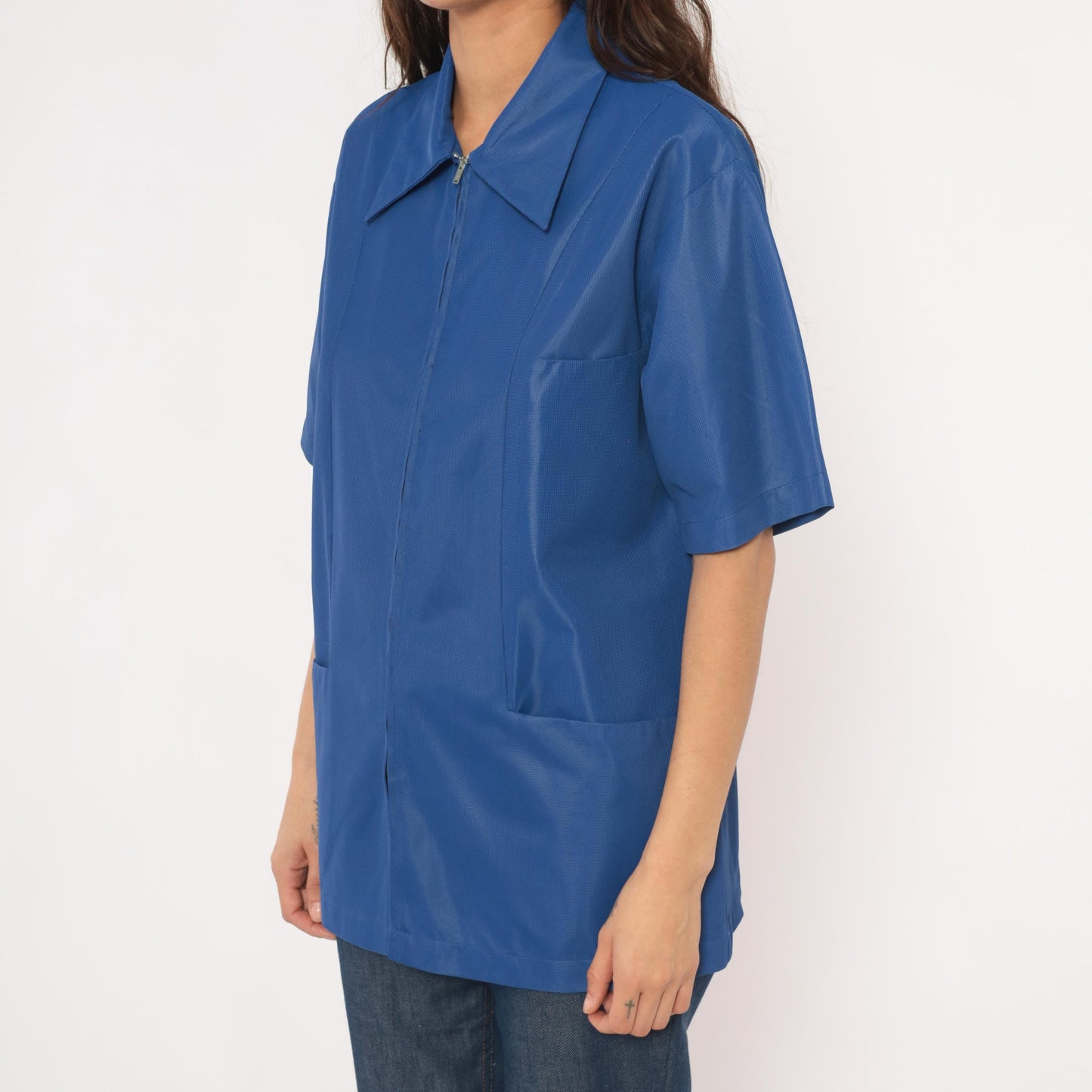 70s Sears Professional Apparel Cobalt Zip Jacket Short Sleeve Tunic Large