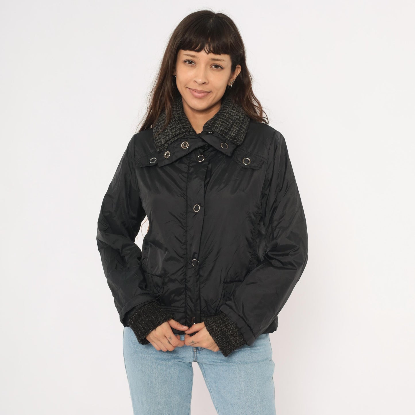 Y2K Dollhouse Black Bomber Jacket Snap Front Knit Collar Cropped Medium M