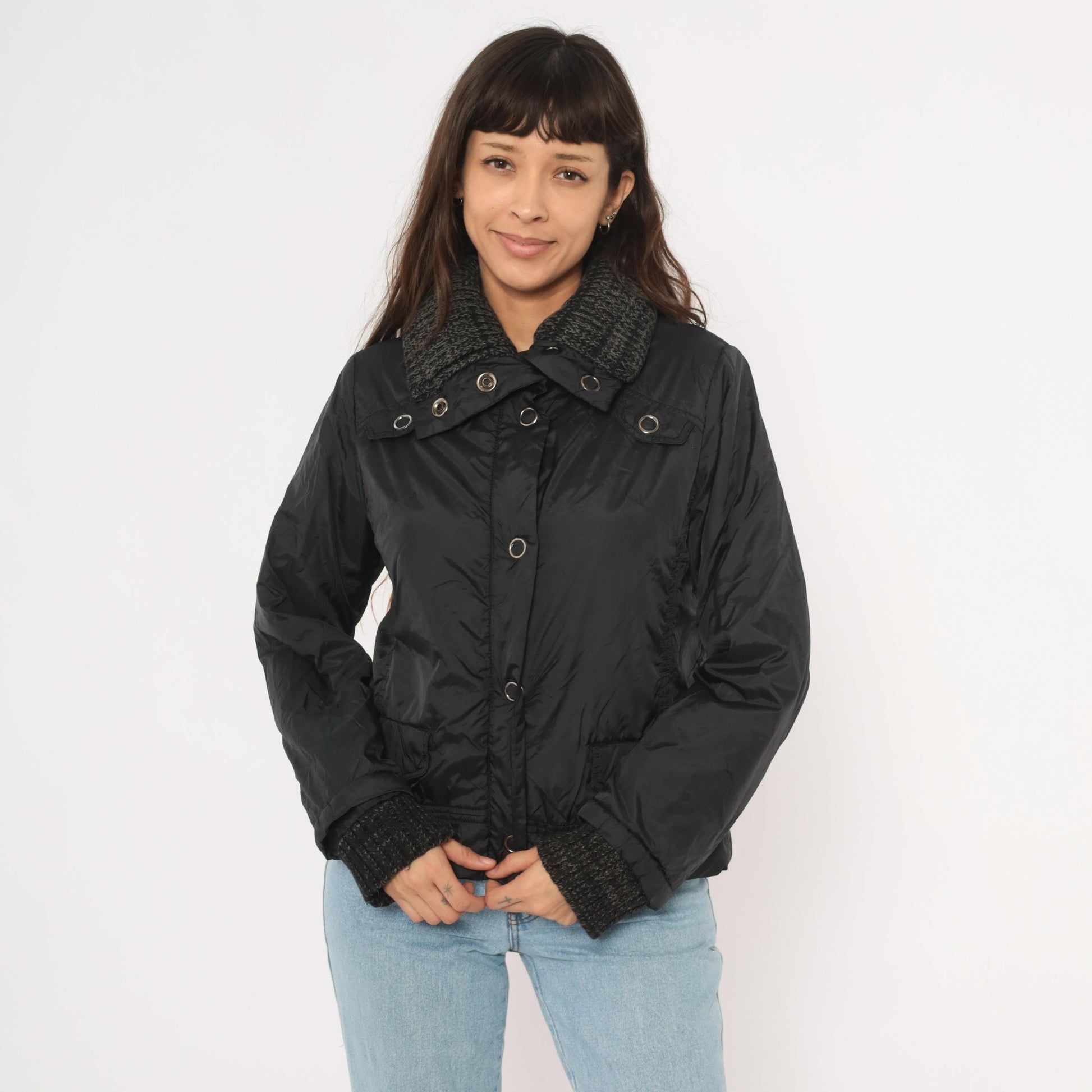 Y2K Dollhouse Black Bomber Jacket Snap Front Knit Collar Cropped Medium M