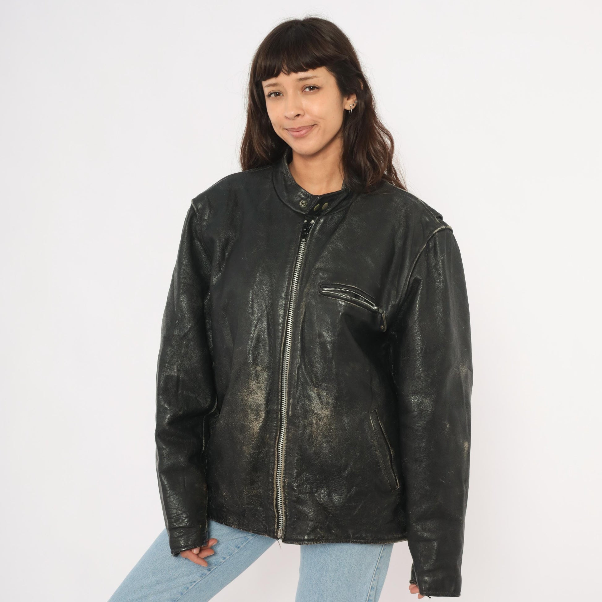 90s Unik Leather Cafe Racer Jacket Black Moto Coat Heavy Weight Extra Large
