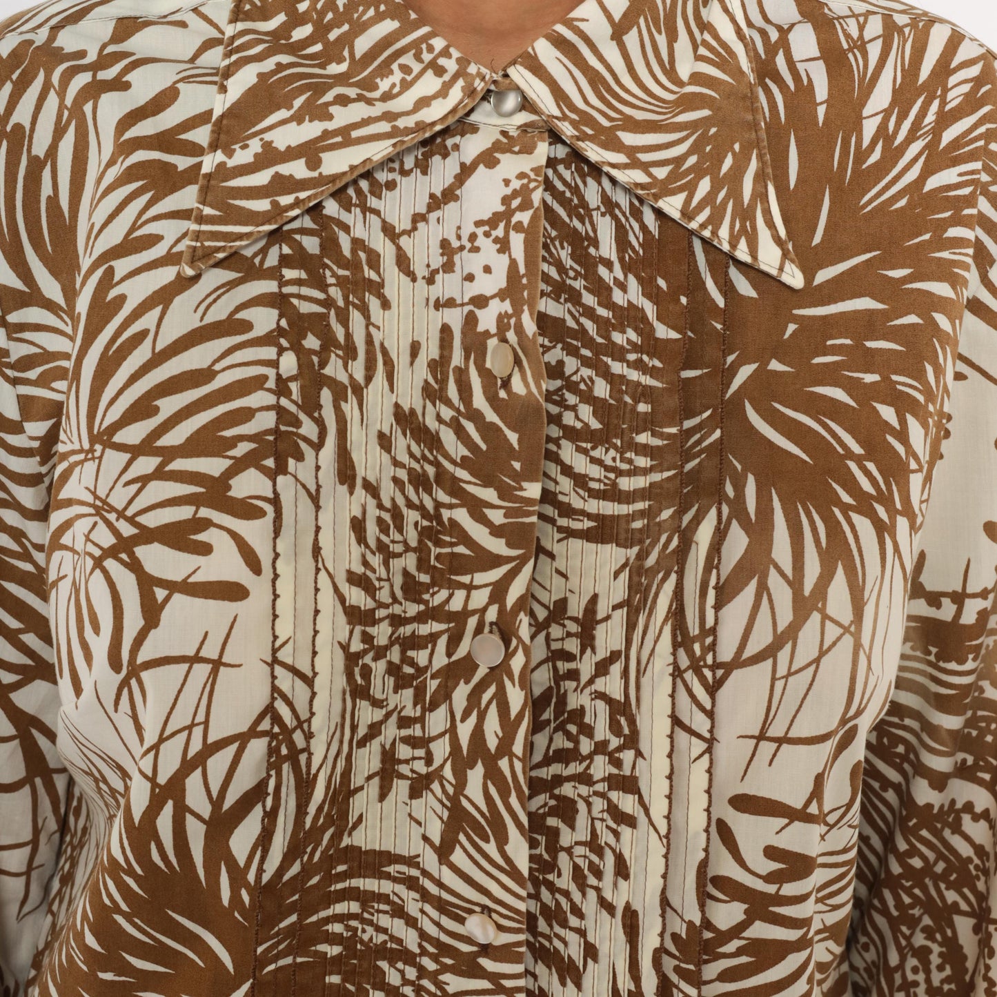 70s The Spectator Tropical Print Shirt Dress Brown Cream Knee Length Large L