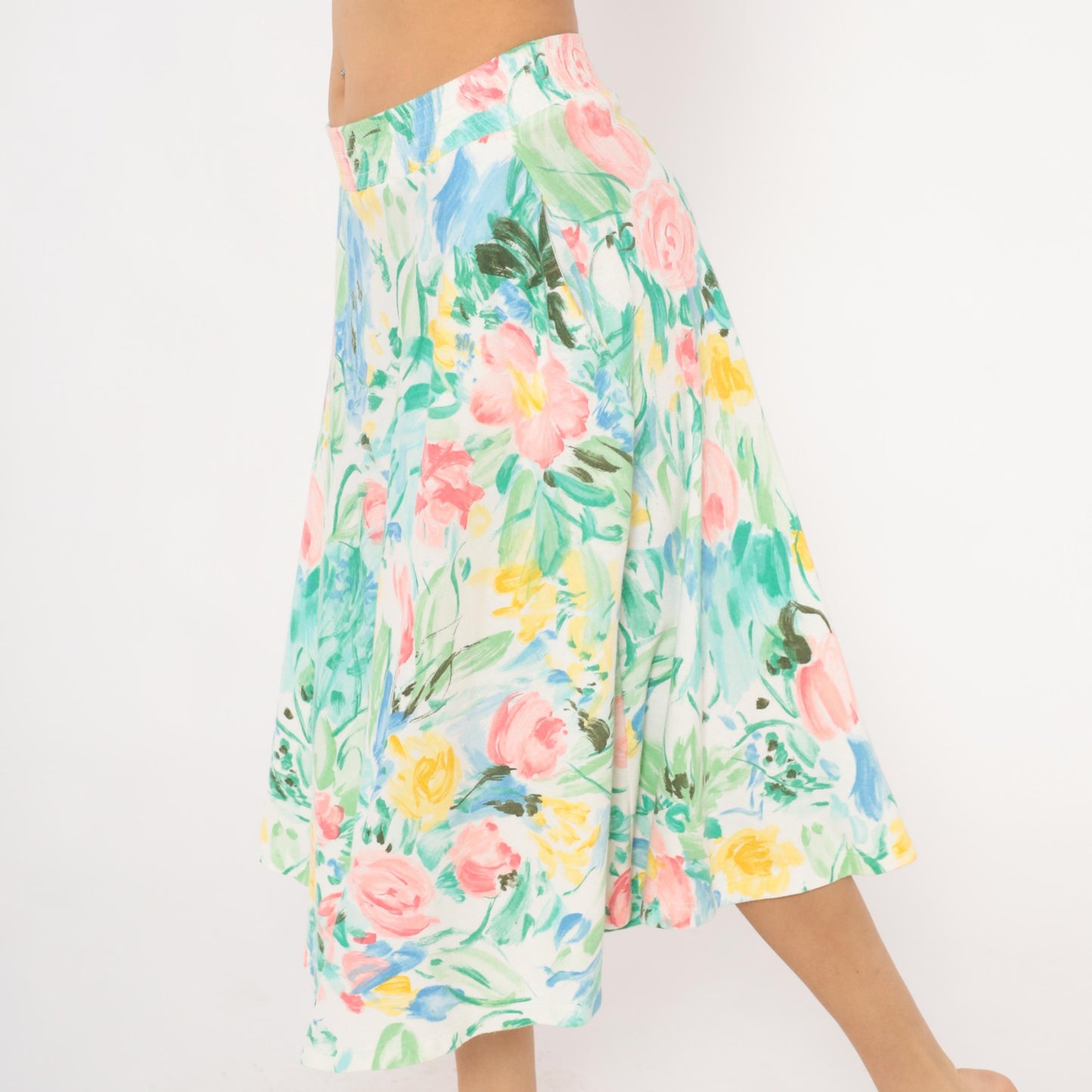 80s Dennis Goldsmith Floral Midi Skirt A-Line Pink Teal Green Medium