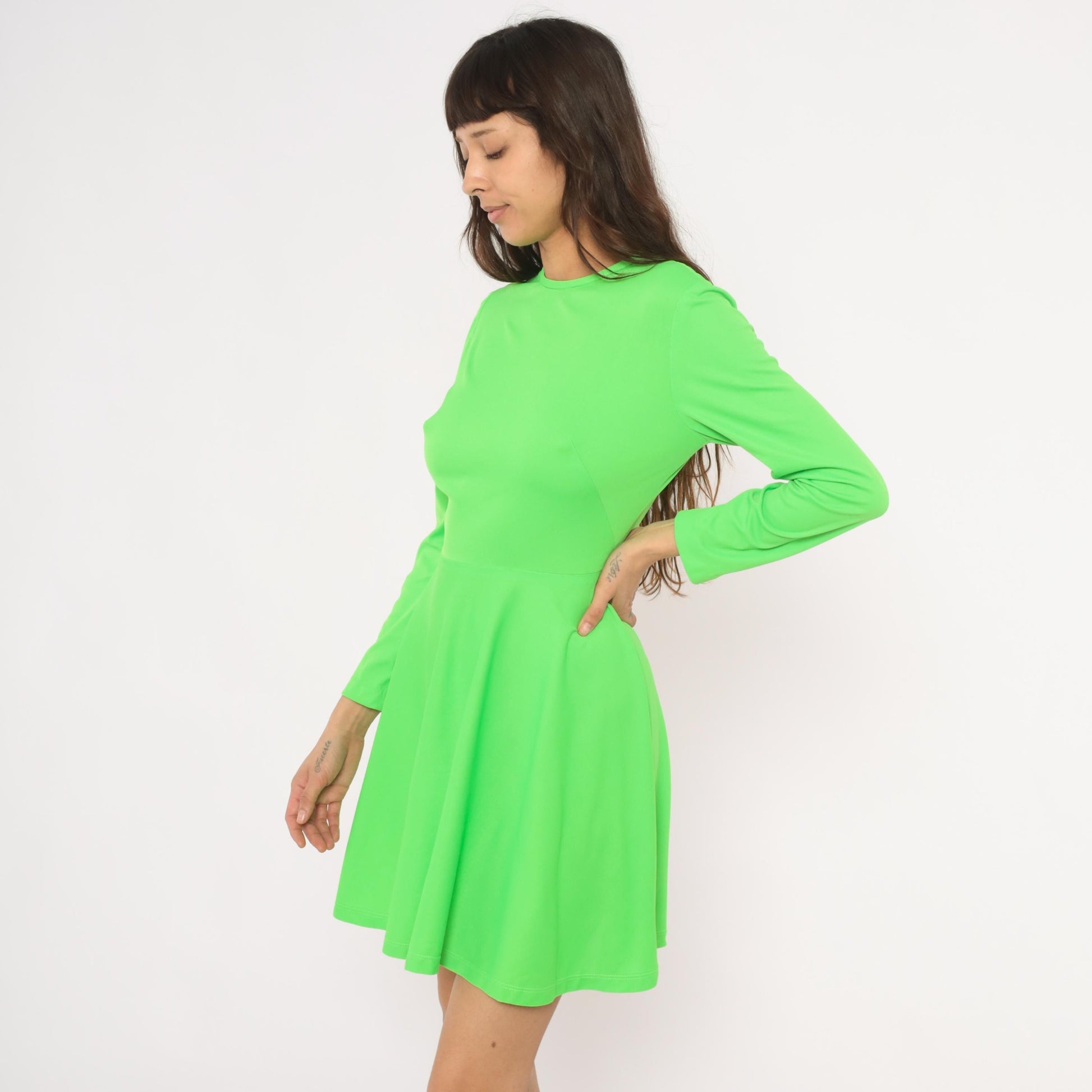 1970s Elegant Miss California Neon Green Mini Dress Long Sleeve A-Line Small S