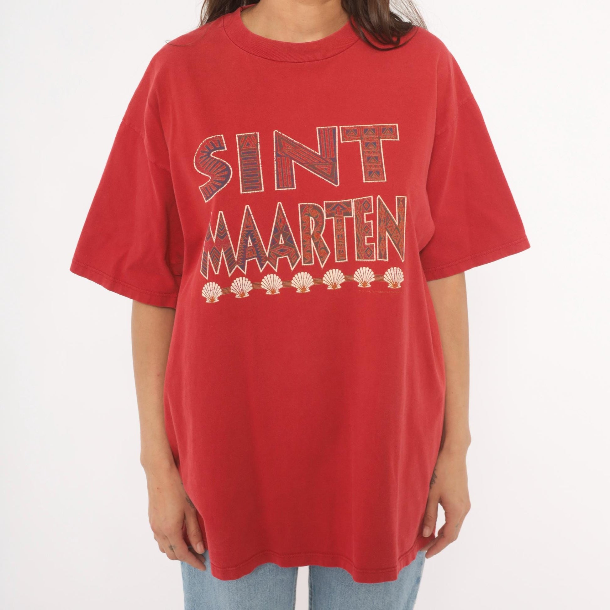 90s Sint Maarten Tribal Seashell Souvenir Tee Red Cotton Extra Large XL