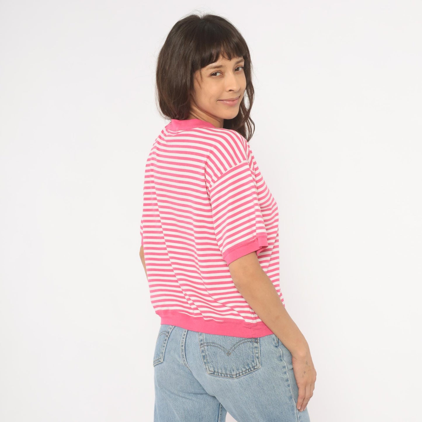90s N Resource Pink Striped Henley Button Top Chest Pocket Medium