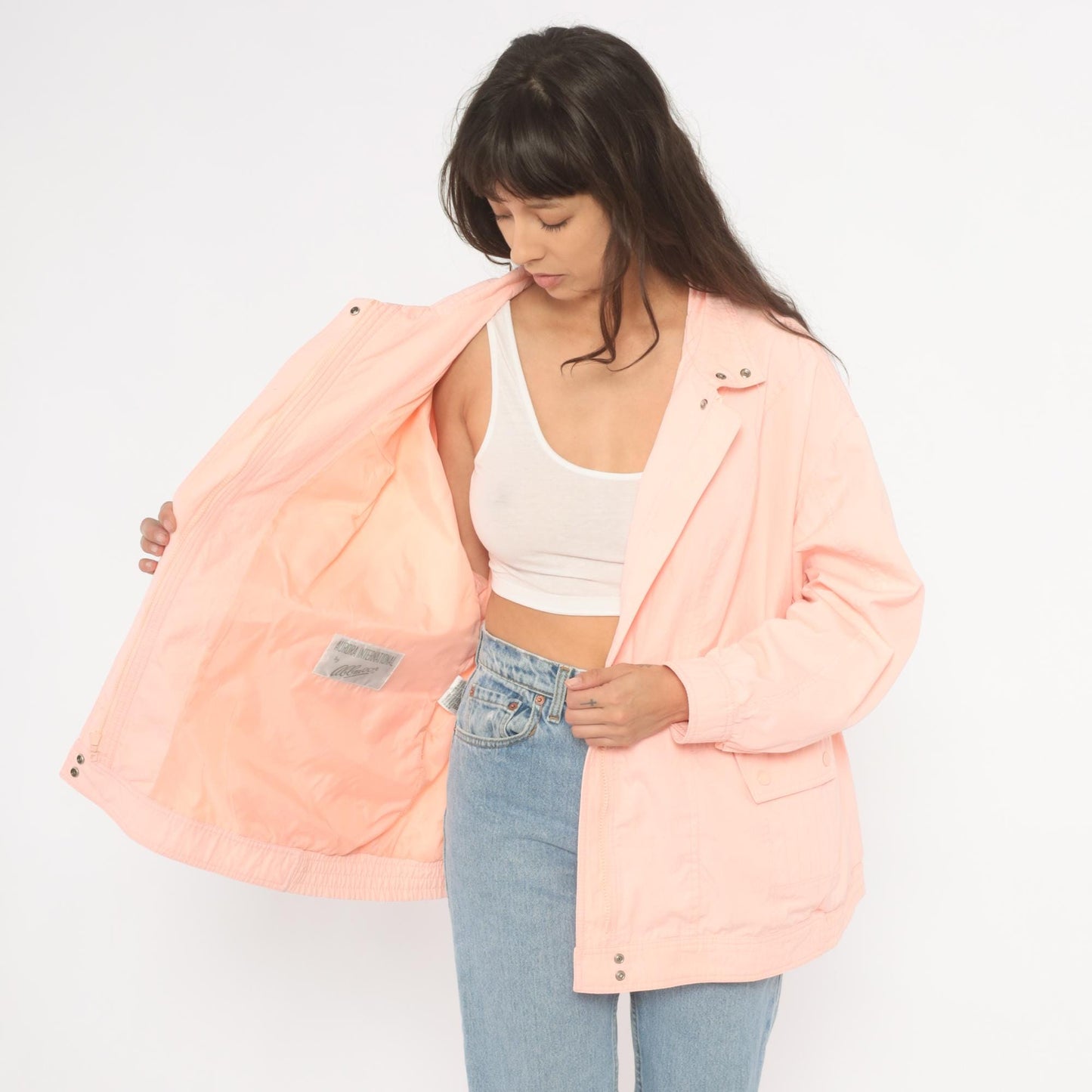 80s Aurora International Windbreaker Jacket Peach Snap Collar Zip Front Extra Large XXL