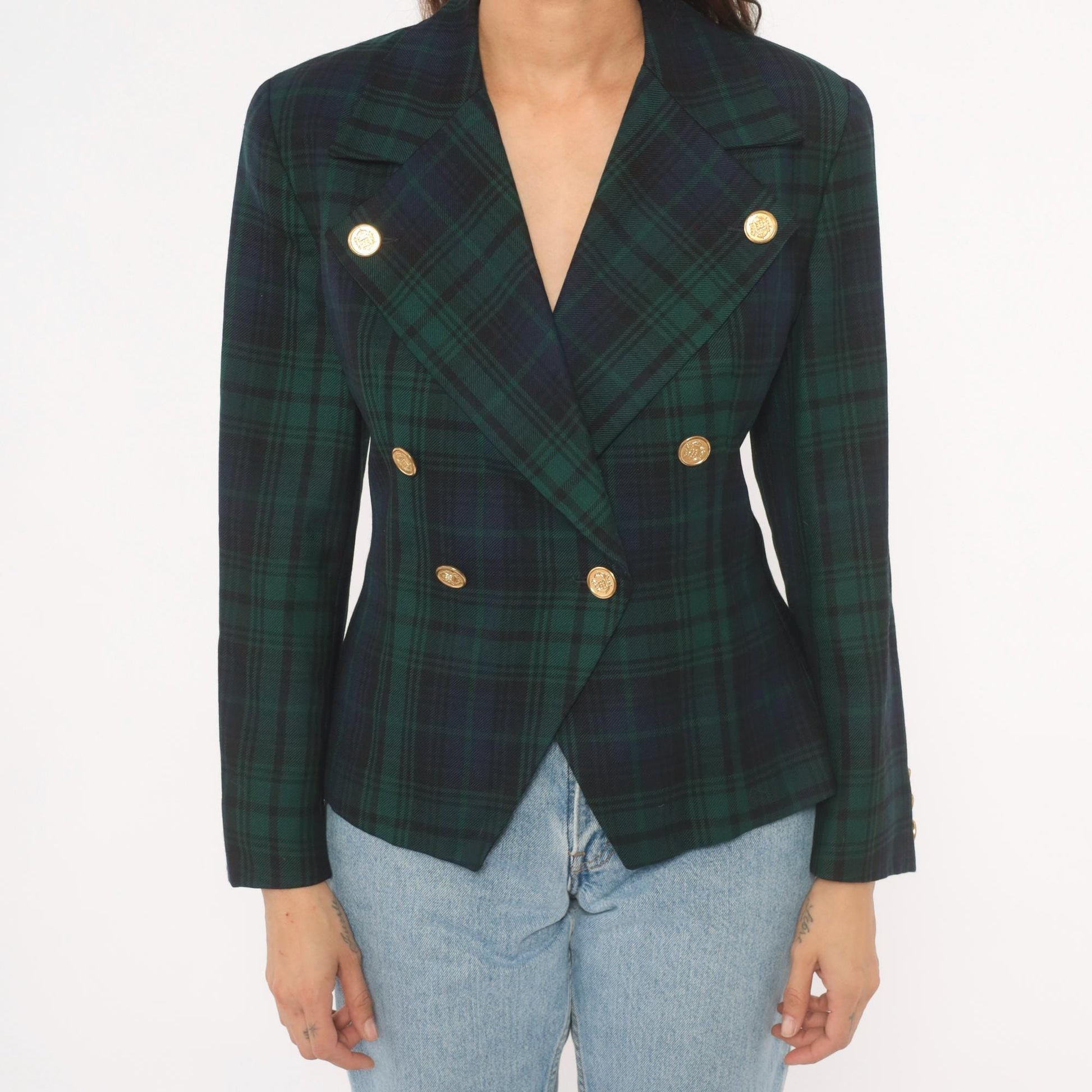 80s Rafaella Black Watch Tartan Wool Blazer Gold Button Peak Lapel Small S