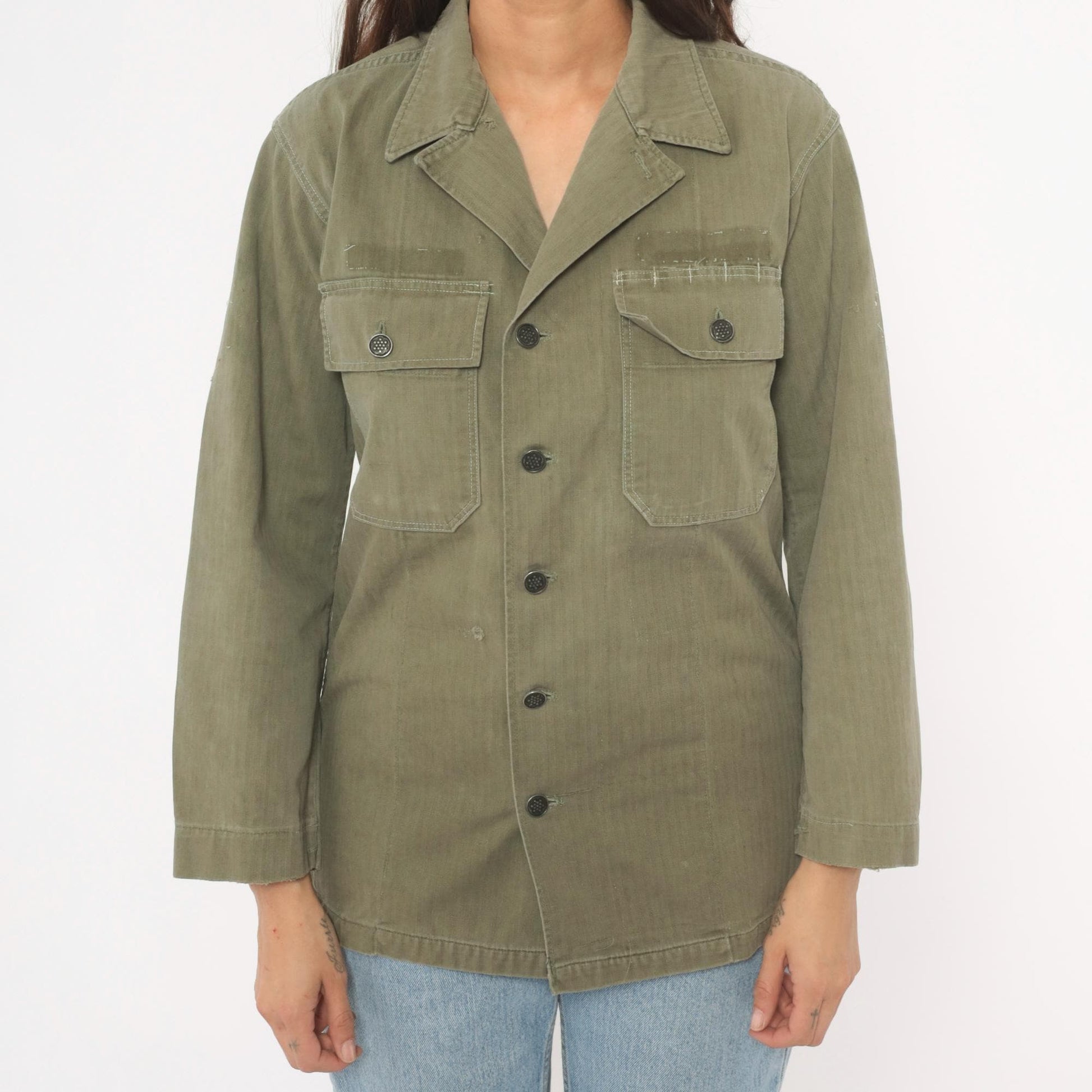 1940s HBT Military Field Jacket Olive Drab Cotton Army WWII Small