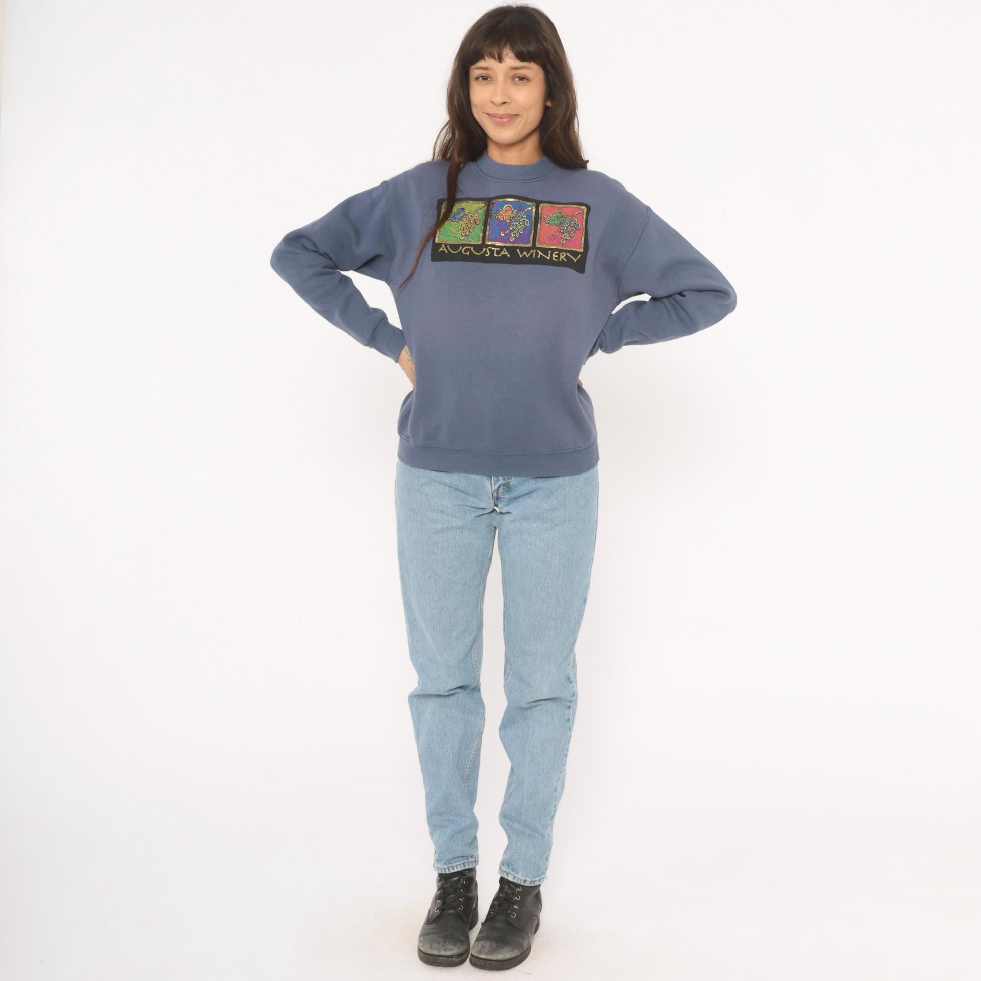 90s Fruit of the Loom Vineyard Crewneck Sweatshirt Slate Blue Graphic Small