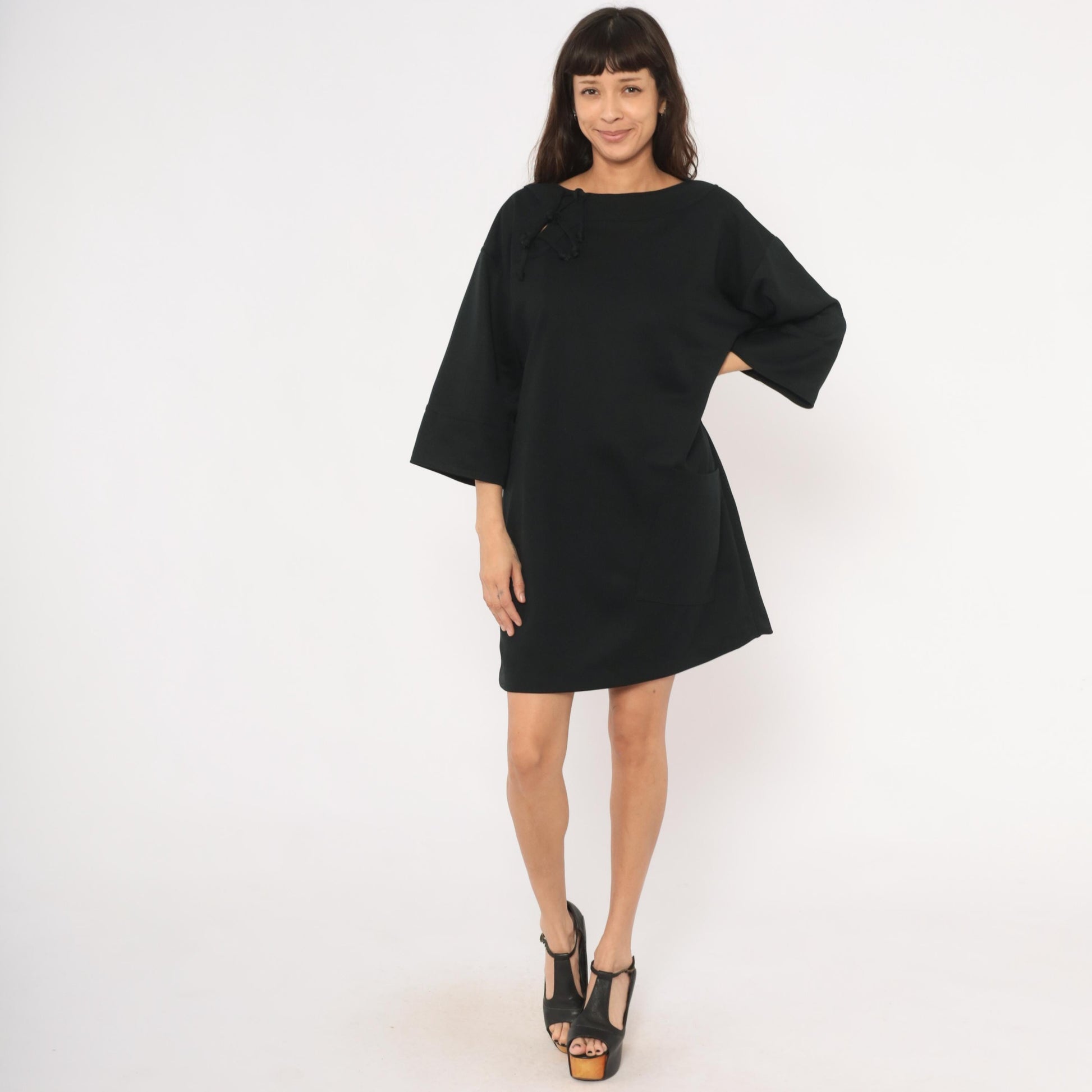 70s Black Shift Dress Lace-Up Neckline Bell Sleeve Patch Pockets Extra Large XL