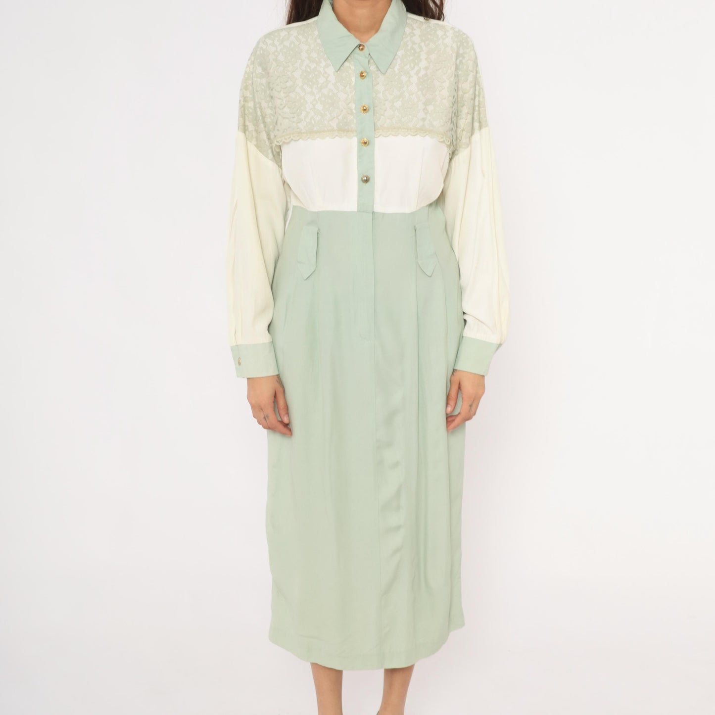 90s Irresistible Sage Mint Lace Midi Dress Gold Buttons Pointed Collar Large L