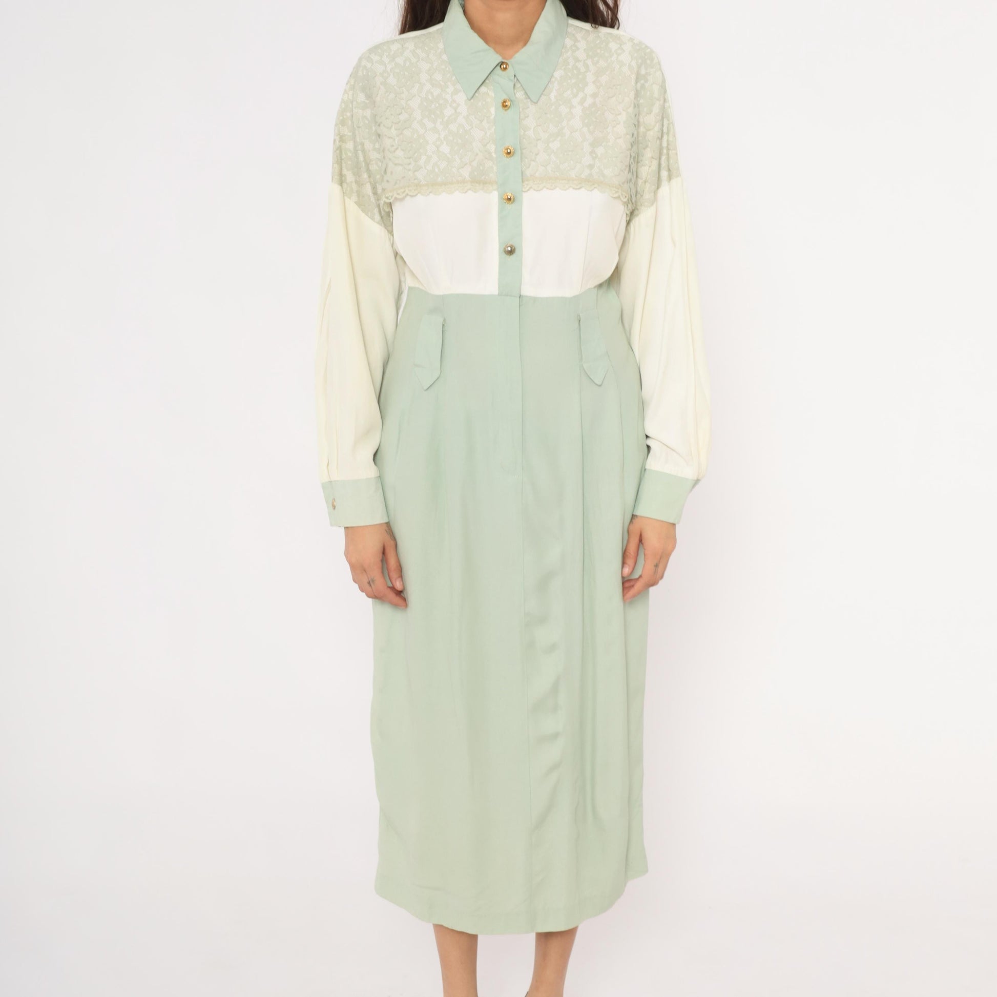 90s Irresistible Sage Mint Lace Midi Dress Gold Buttons Pointed Collar Large L