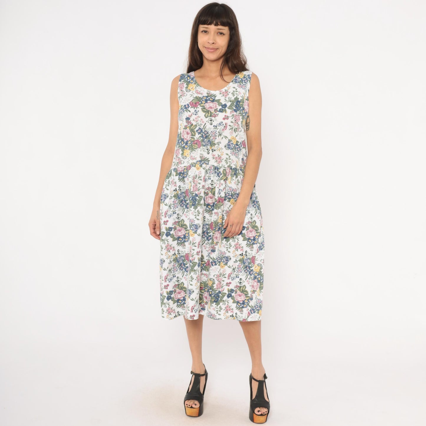 90s Erika Floral Sundress White Pink Blue Garden Print Cotton Small