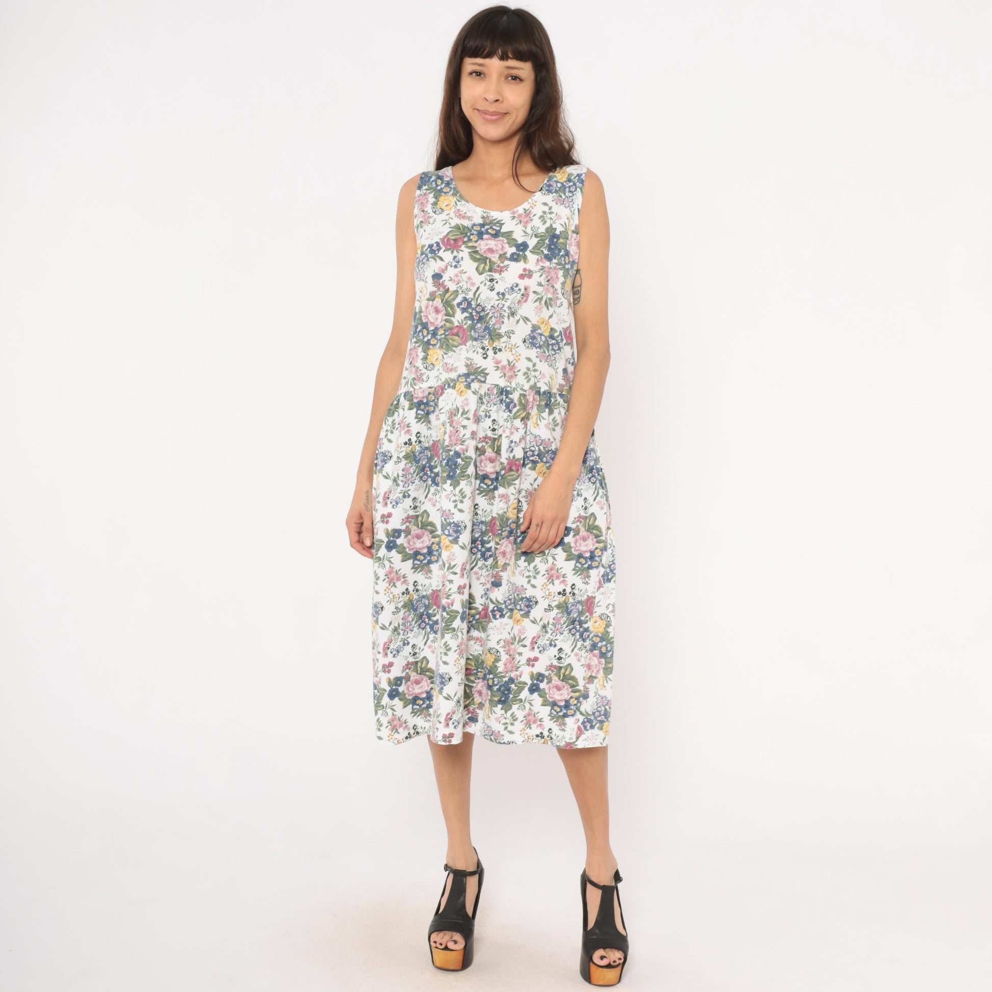 90s Erika Floral Sundress White Pink Blue Garden Print Cotton Small