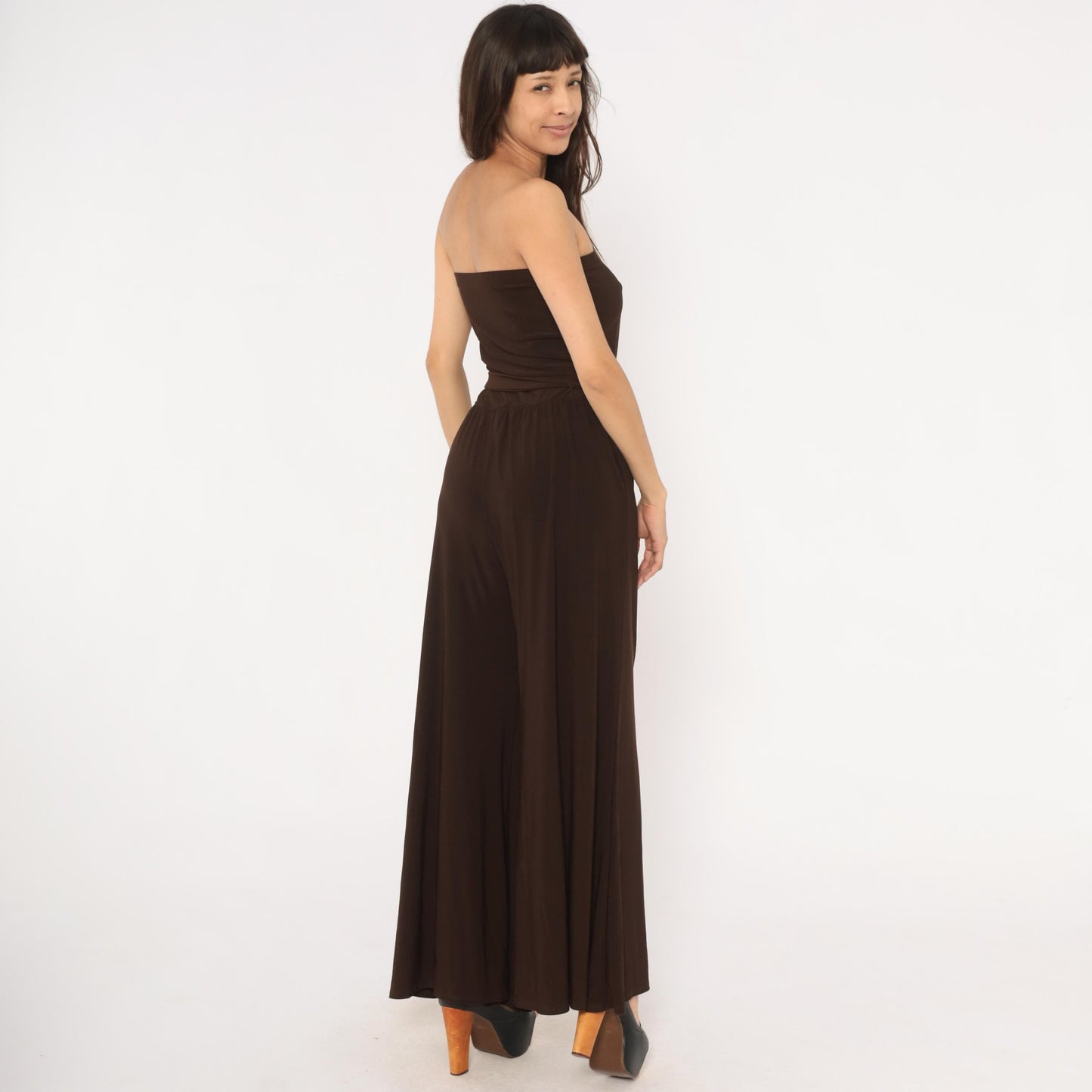 2000s MSK Chocolate Brown Strapless Jumpsuit Wide Leg Palazzo Medium M