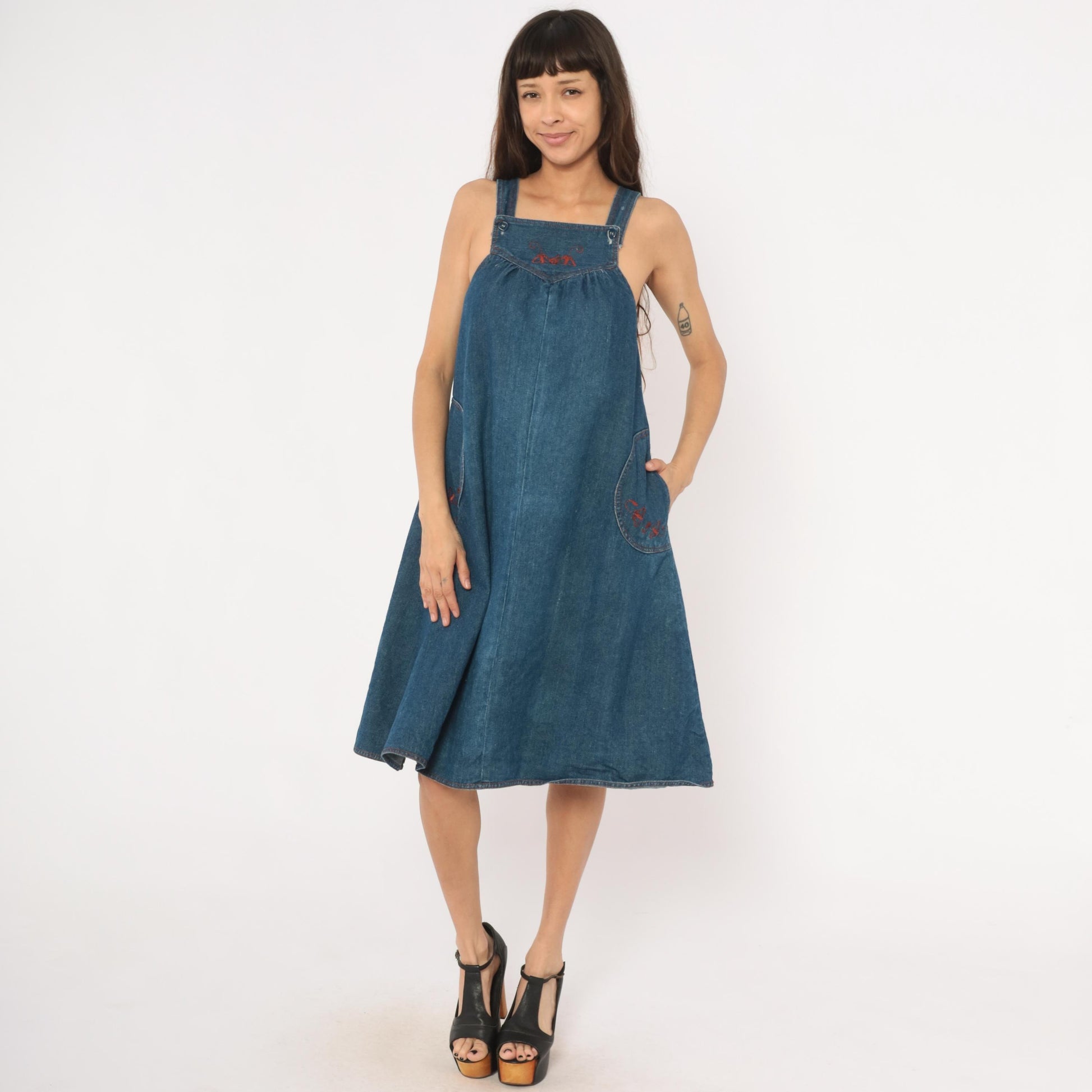 70s Joni Blair Denim Jumper Dress Blue Embroidered Pinafore XS