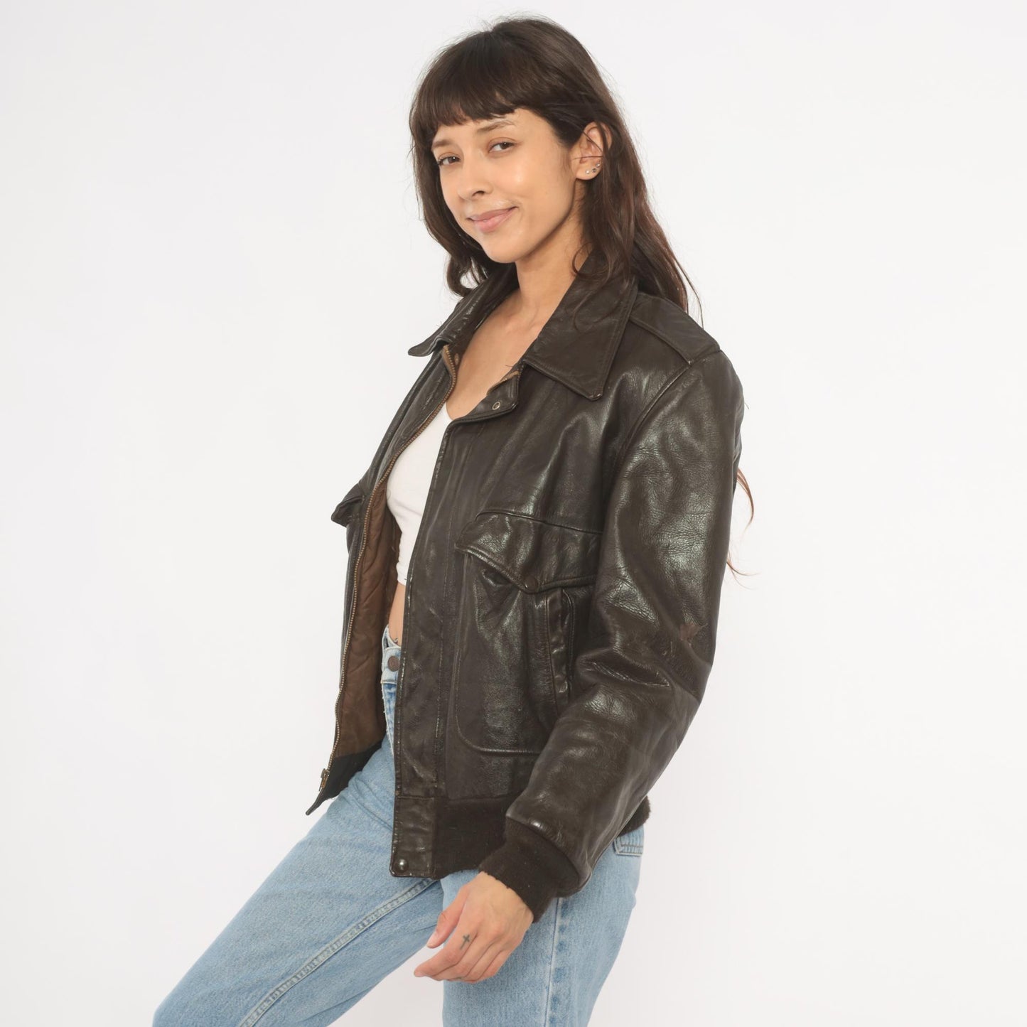 80s Golden Fleece Dark Brown Leather Bomber Jacket Cropped Small