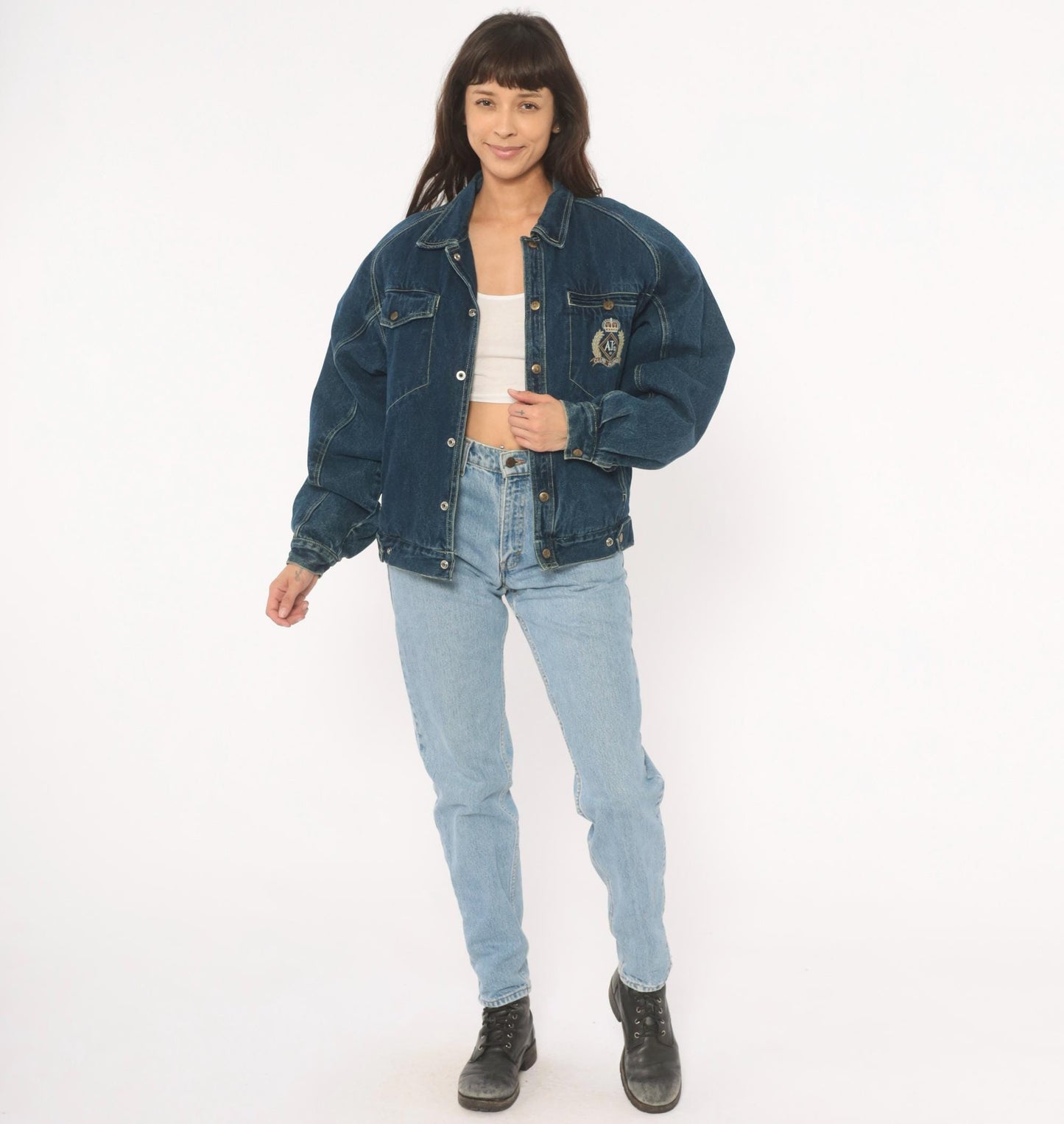 90s AJs Dark Wash Denim Bomber Jacket Embroidered Logo Small