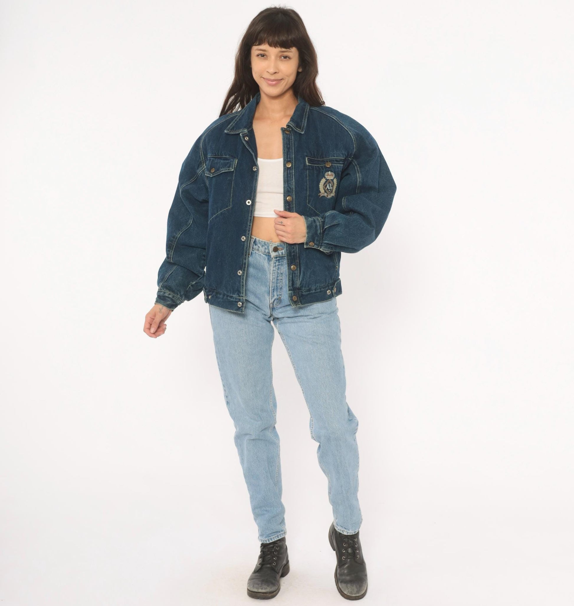 90s AJs Dark Wash Denim Bomber Jacket Embroidered Logo Small