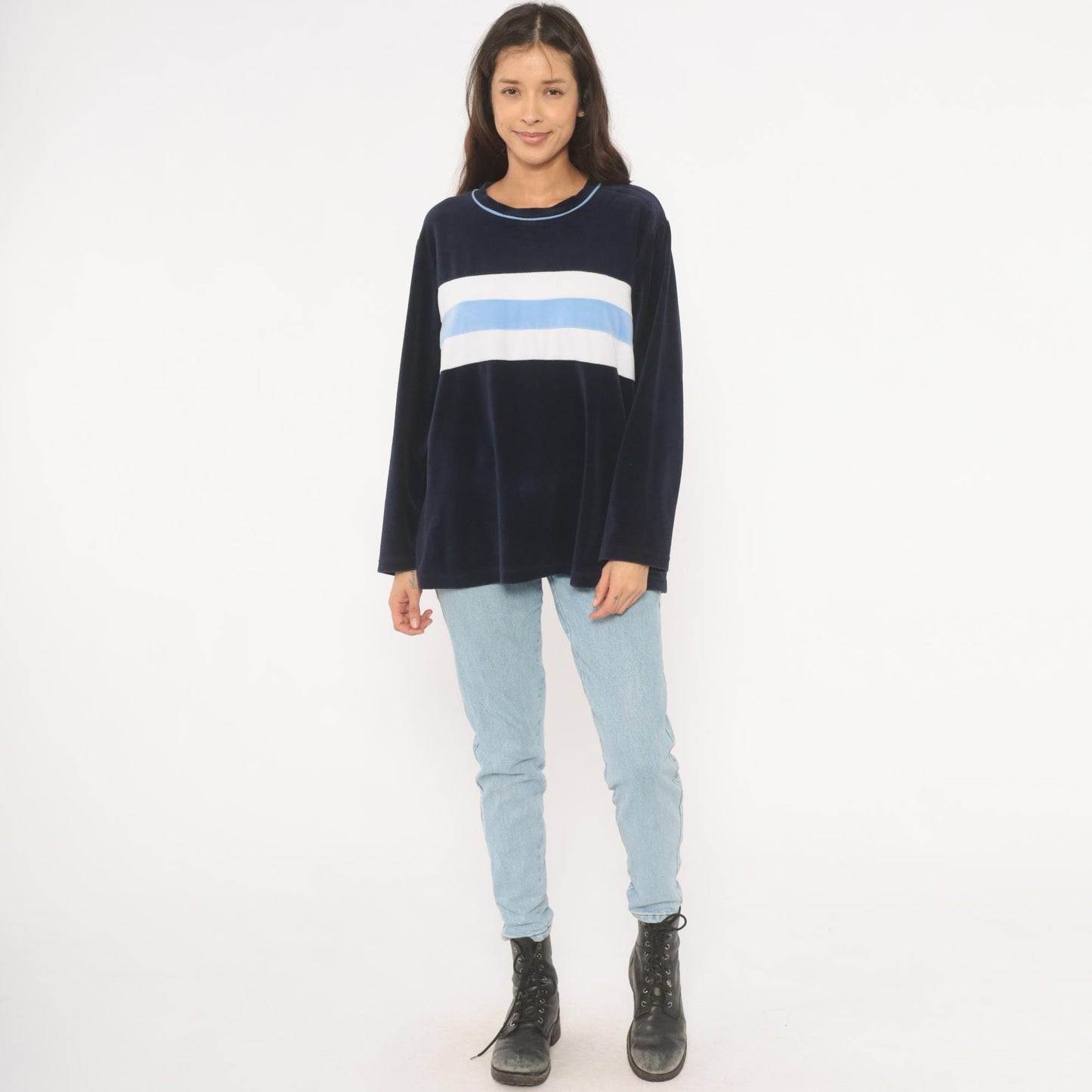2000s St Johns Bay Navy Velour Sweatshirt Striped Chest Panel Extra Large XL