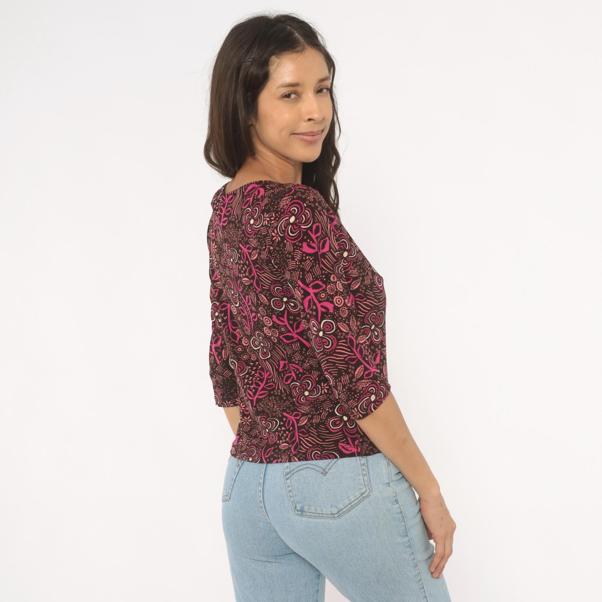 Y2K Only Nine Floral Botanical Blouse Brown Pink Three Quarter Sleeve Large L