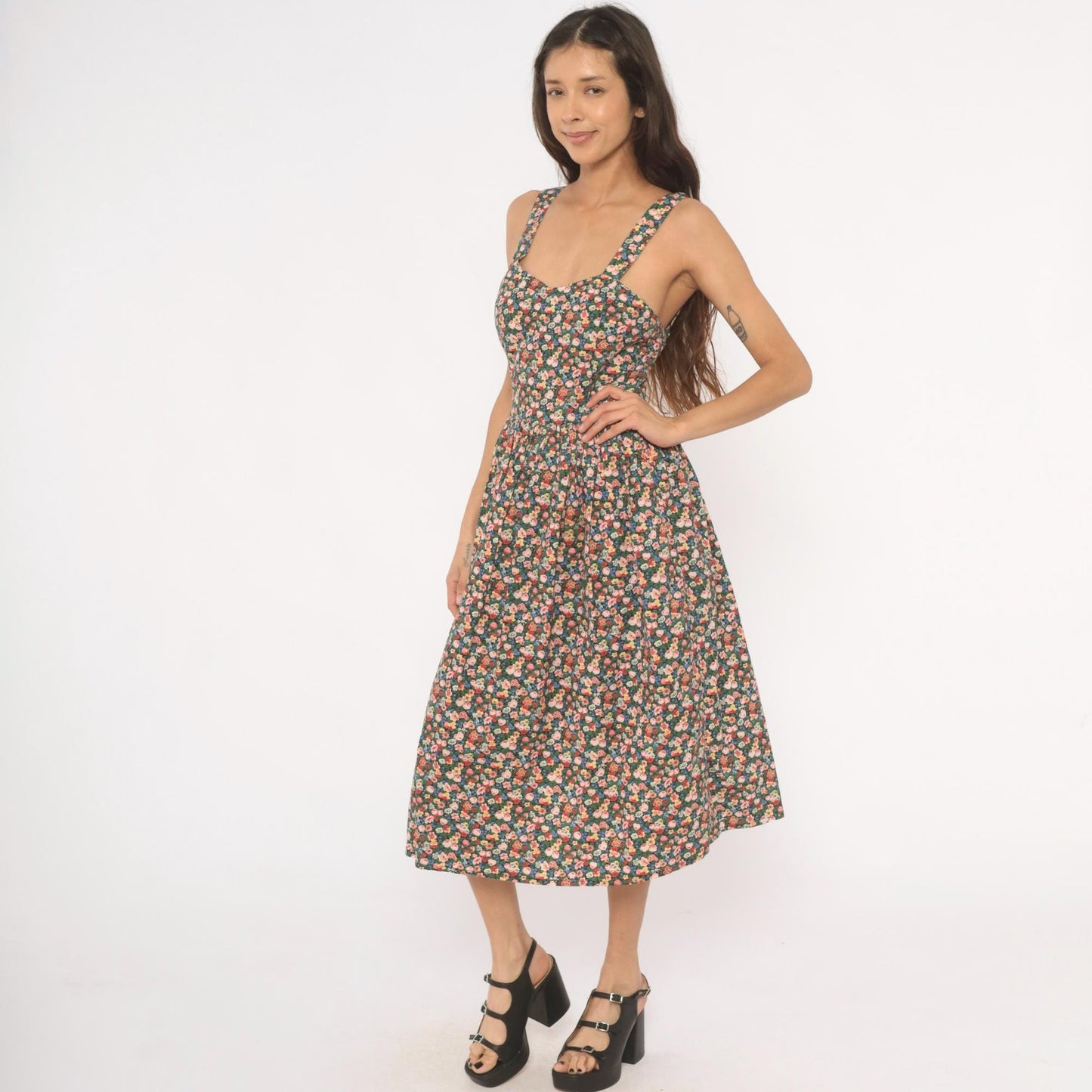 90s The Limited Floral Midi Sundress Calico Print Sweetheart Neckline Small