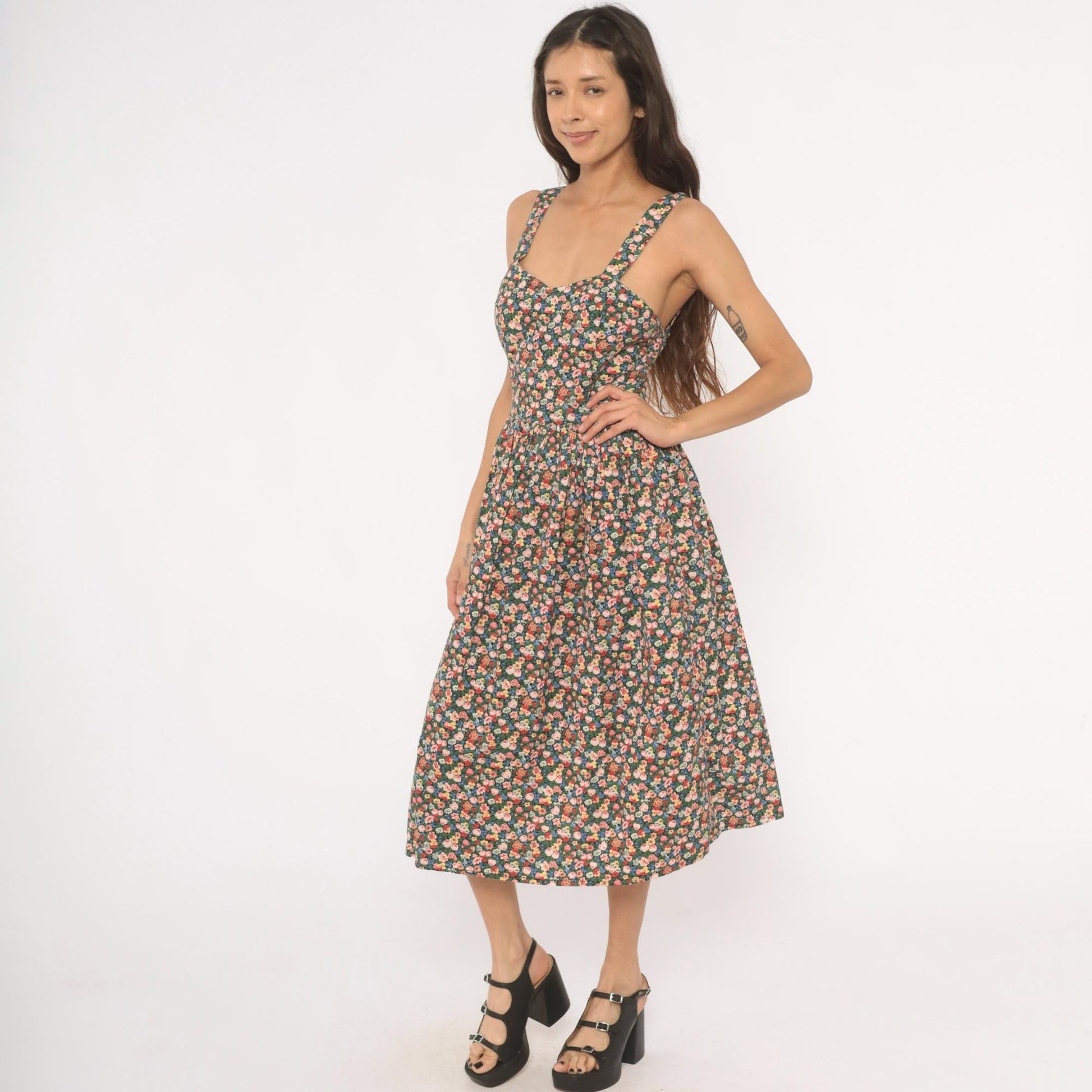 90s The Limited Floral Midi Sundress Calico Print Sweetheart Neckline Small