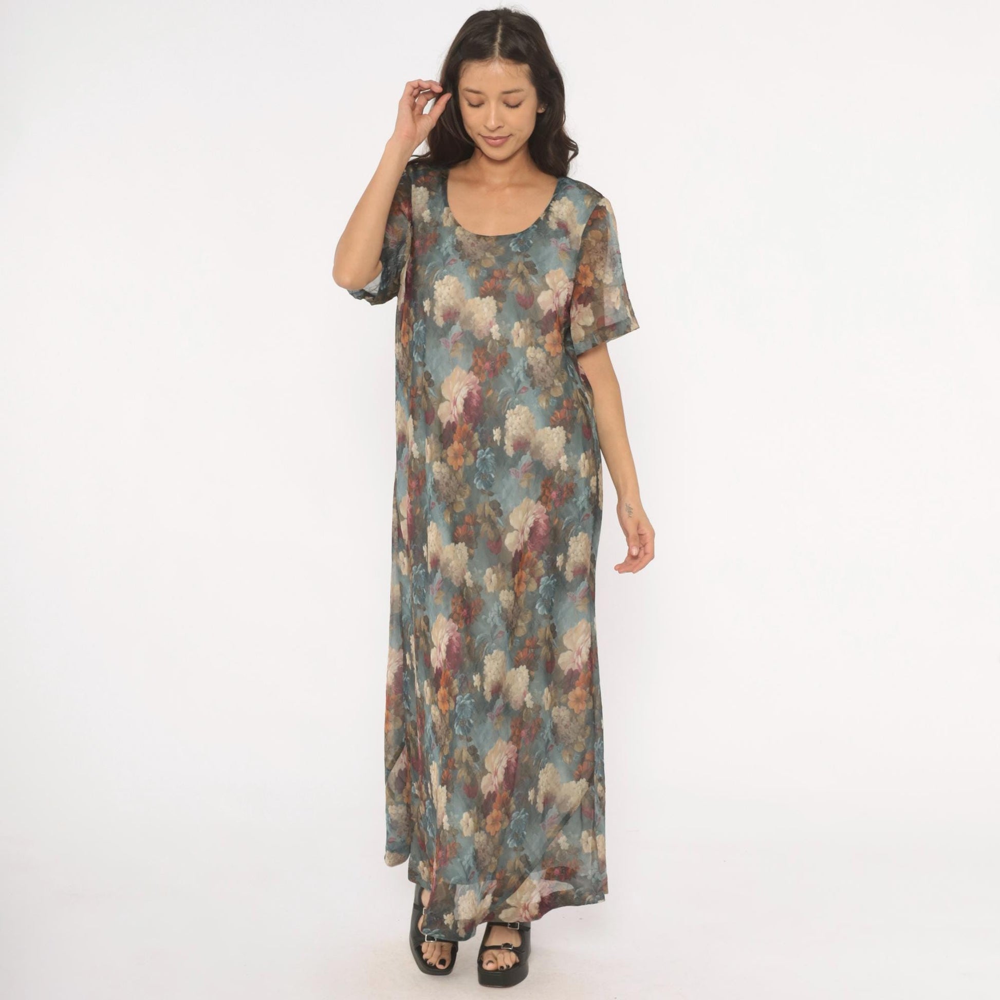 90s De Frantoria Floral Maxi Dress Slate Blue Cream Chiffon Short Sleeve Extra Large XL