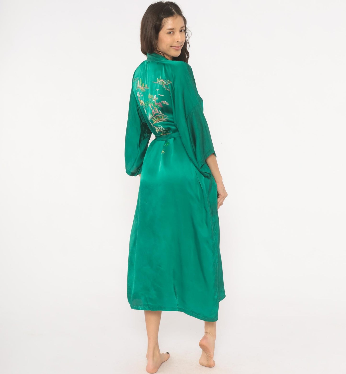 80s Health Silk Kimono Robe Emerald Embroidered Landscape Ankle Length Large L
