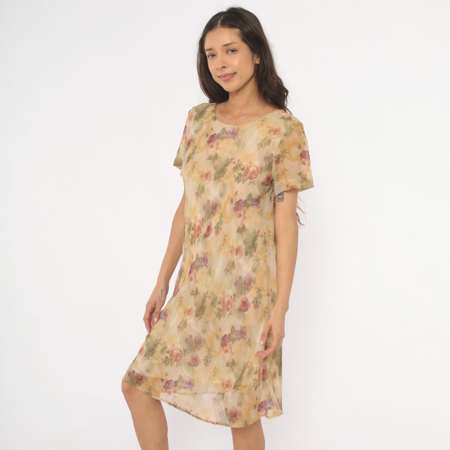 90s DJ Summers Floral Chiffon Dress Tan Rose Print Knee Length Medium M