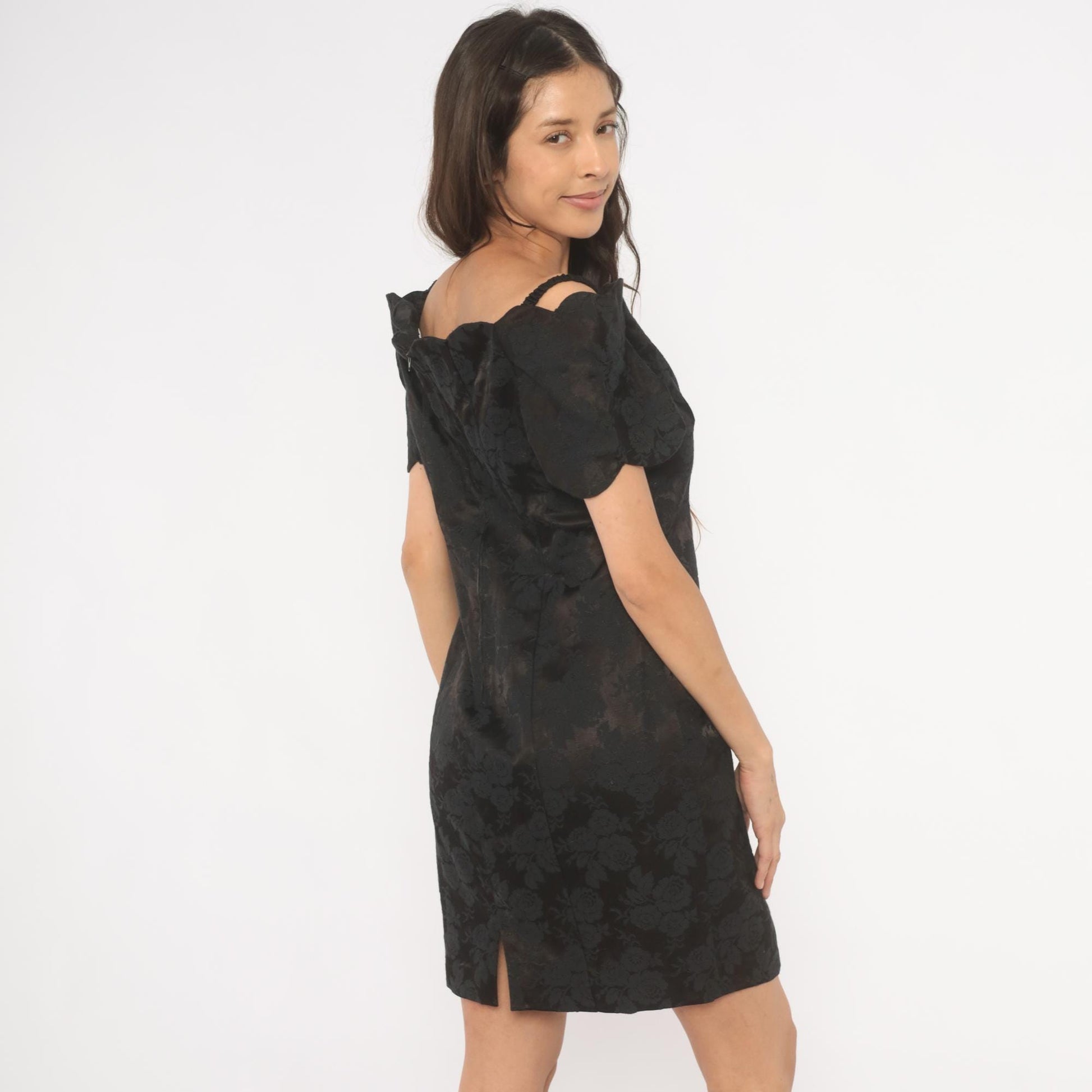 90s Expo Petite Black Floral Jacquard Mini Dress Sweetheart Neckline Medium M