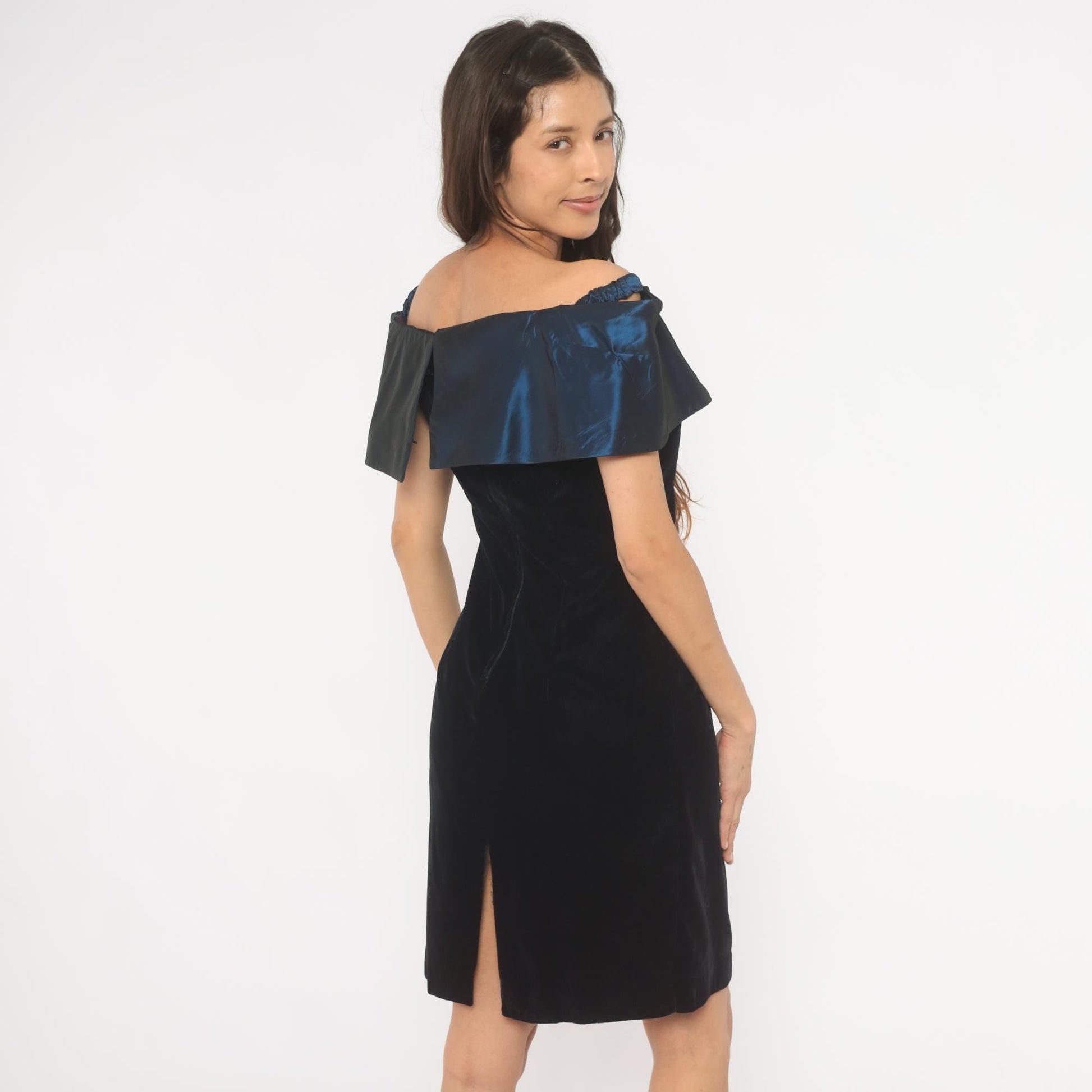 90s Evening Chic Off-Shoulder Velvet Dress Navy Satin Bodice Medium M