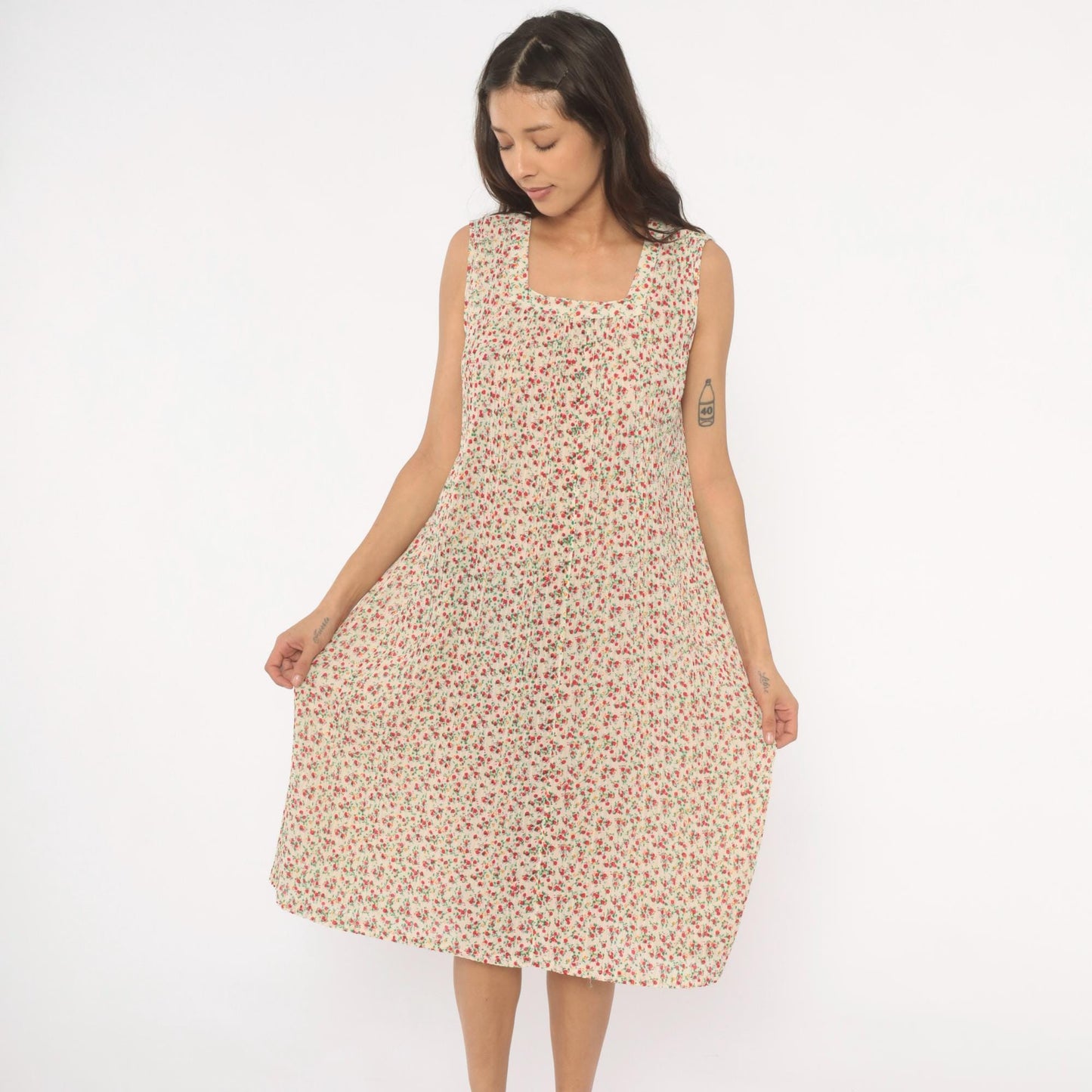 70s Ditsy Floral Shift Dress Cream Red Sleeveless Knee-Length Medium