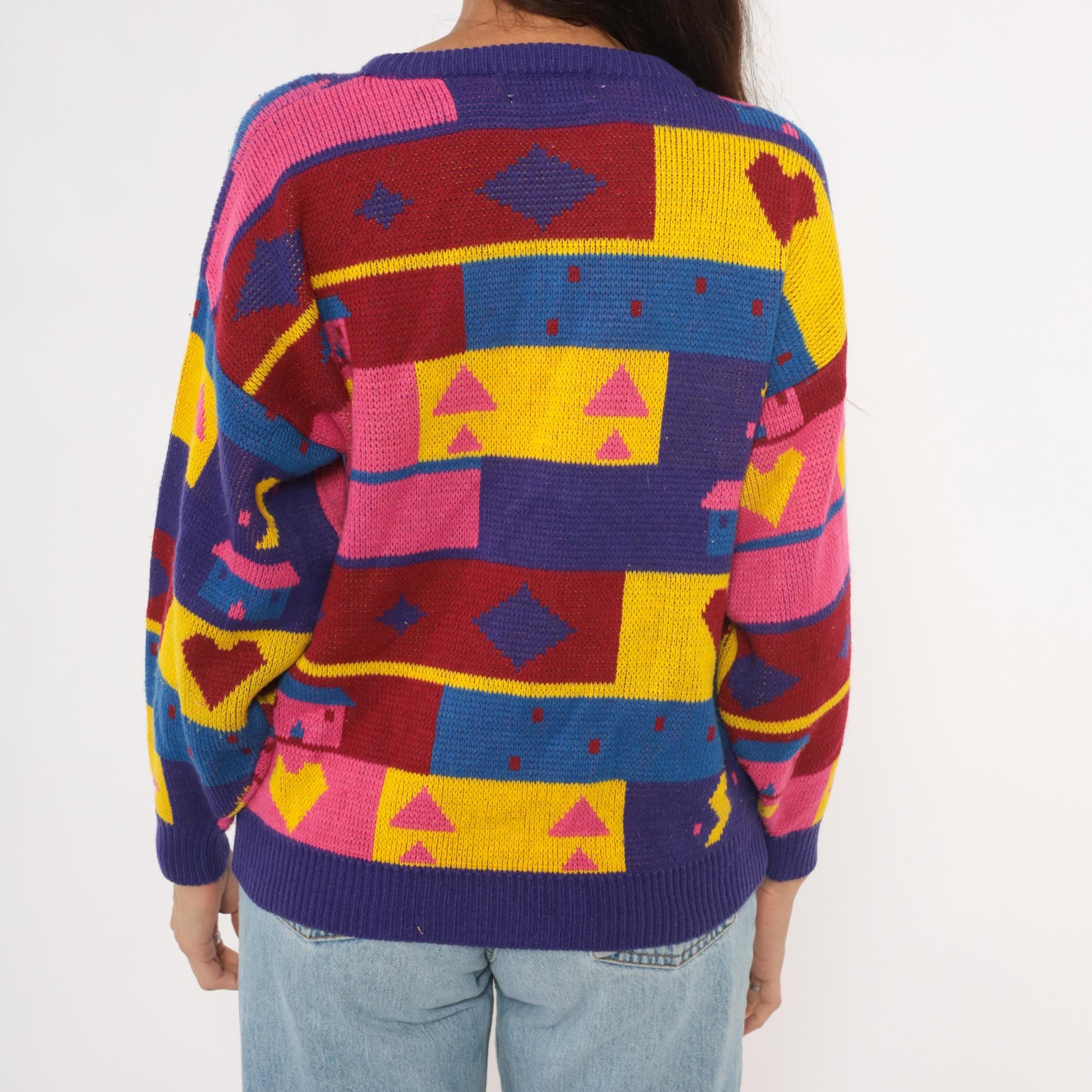 90s Chateau Geometric Colorblock Knit Sweater Purple Pink Yellow Small S