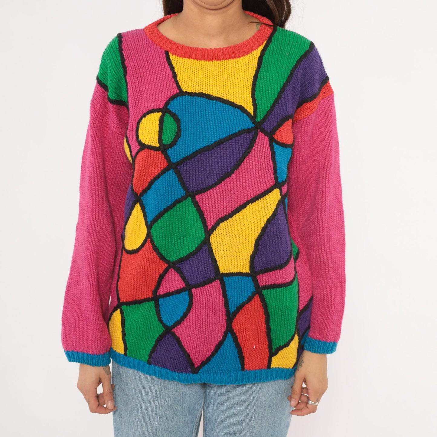 90s Reference Point Stained Glass Abstract Knit Pullover Multicolor Small