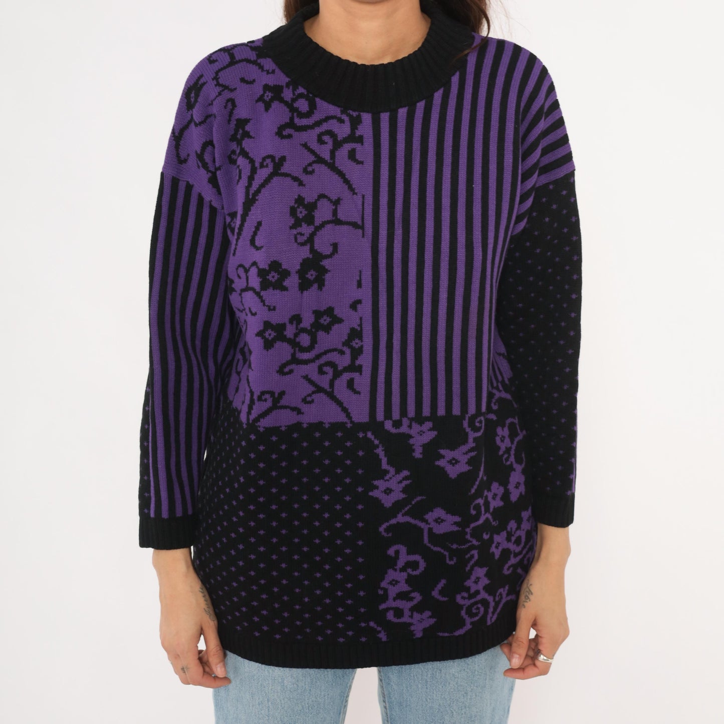 90s Sweater Exchange Purple Mock Neck Knit Patchwork Jacquard Large