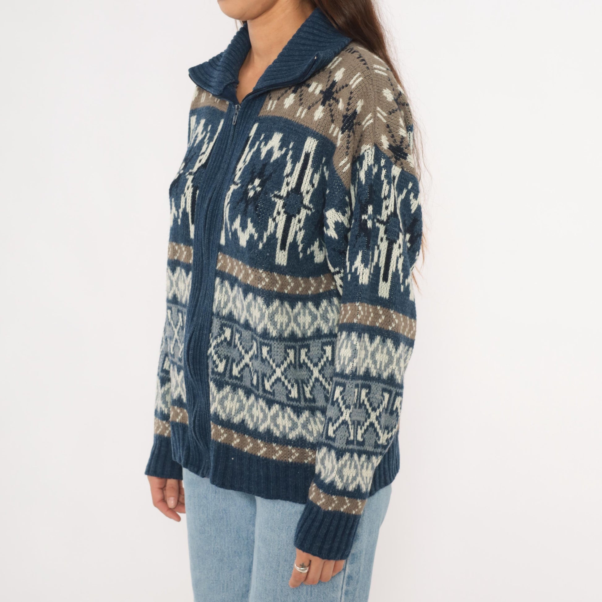 80s London Fog Fair Isle Zip Cardigan Navy Taupe Cream Snowflake Medium