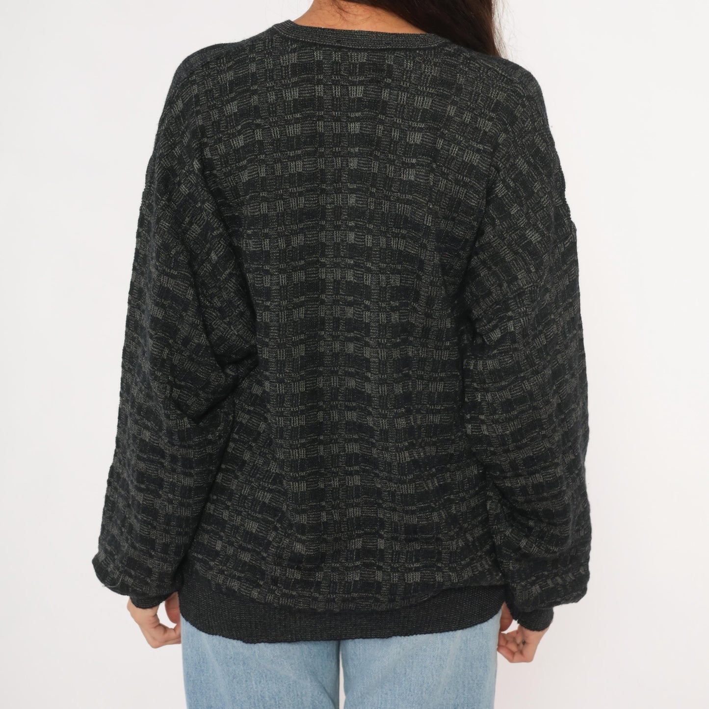 90s Tricots St Raphael Charcoal V-Neck Wool Sweater Checkerboard Knit Extra Large XL